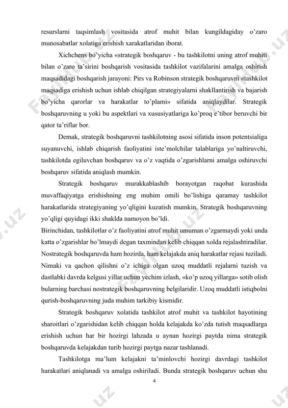 niversalligiga ega emasligini ko’rsatadi. birinchidan, strategik boshqaruv o’z moxiyatidan kelib chiqqan holda kelajakning aniq va batafsil sur’ati, ifodasini bera olmaydi. strategik boshqaruvda shakllanuvchi tashkilotning kelajakdagi istalgan holati - bu uning ichki va tashqi xolatining batafsil tasviri emas balki kelajakda korxona qanday holatda bqlishiga, bozor va biznesda qanday pozitsiyani egallashga, qaysi ishbilarmonlik guruhlariga kirishiga va h.k. sifatli istakdir. bularning barchasini majmui kelajakda raqobat kurashida tashkilot yutib chiqadimi yoki yo’qmi? shuni aniqlab berish lozim. ikkinchidan, strategik boshqaruv protsedura va chizmalar yig’indisidan iborat bo’lishi mumkin emas. unda ma’lum masalalarni hal qilishda yoki aniq vaziyatlarda nima va qanday qilish lozimligini ko’rsatuvchi nazariya yo’q. strategik boshqaruv - bu ko’proq biznes va menejmentning ma’lum falsafasi yoki mafkurasidir. har bir menejer tomonidan u ma’lum ma’noda o’zgacha tushuniladi va amalga oshiriladi. albatta, muammolarni tahlil qilish va strategiyani tanlash, shuningdek strategik rejalashtirishni amalga oshirish va strategiyaning amaliy realizatsiyasining bir qator tavsiyalari, qoidalari va mantiqiy chizmalari mavjud. lekin umuman olganda, …