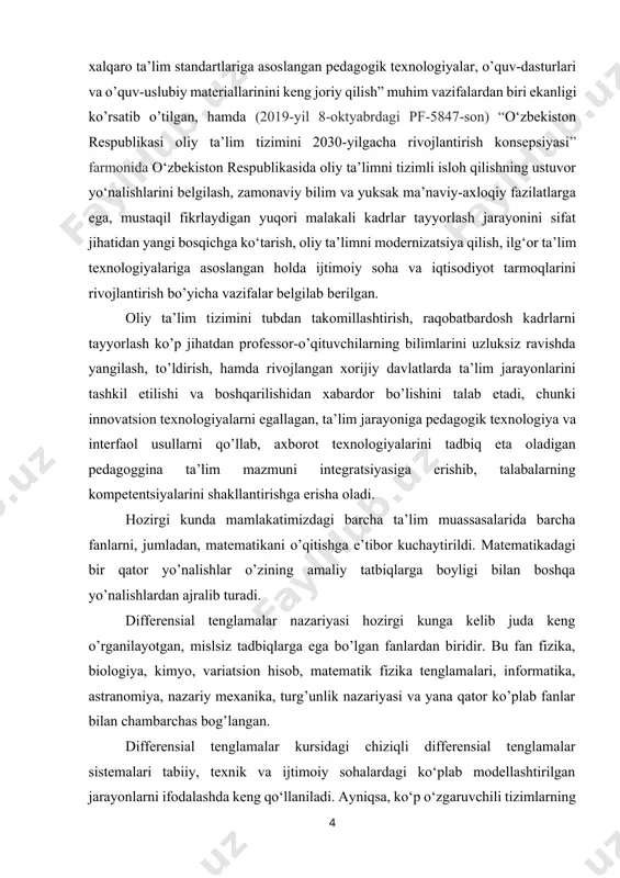 lash ko‘nikmasini shakllantirishdan iborat. ishning ob’ekti va predmeti: o‘zgarmas koeffitsiyentli chiziqli differensial tenglamalar sistemalari va ularning yechimlarini topish usullari. eksponensial matritsa yordamida chiziqli differensial tenglamalar sistemasining analitik yechimini topish jarayoni, uning nazariy asoslari va amaliy qo‘llanilishi. ishning tuzilishi: bmi kirish, 2 ta bob, 6 ta paragraf, xulosa va foydalanilgan adabiyotlar ro’yxatidan iborat bo’lib, 55 betni tashkil etadi. ishning ilmiy yangiligi: o‘zgarmas koeffitsiyentli chiziqli differensial tenglamalar sistemasini yechishning zamonaviy va qulay usuli bo‘lgan eksponensial matritsa yordamida yechim topish metodi chuqur tahlil qilinadi. ishning amaliy ahamiyati: chiziqli differensial tenglamalar sistemalari ko‘plab real hayotiy jarayonlarni modellashtirishda ishlatiladi. eksponensial matritsa yordamida bunday sistemalarni yechish usuli amaliy jihatdan tez, aniqlik bilan va umumiy shaklda tahlil olib borish mumkin. i-bob. eksponensial matritsalar § 1.1 eksponensial matritsa tushunchasi elementlari haqiqiy yoki kompleks bo’lgan 𝐴 – 𝑛 × 𝑛 kvadrat matritsa berilgan bo’lsin: 𝐴 = ( 𝑎11 ⋯ 𝑎1𝑛 ⋮ ⋮ ⋮ ). 𝑎𝑛1 ⋯ 𝑎𝑛𝑛 a kvadrat …