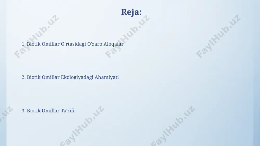 n raqobat tufayli oziq-ovqat manbalarining cheklanganligini ko'rsatadi. o'zbekistonning 3 ta turli mintaqasida – farg'ona vodiysida, qoraqalpog'istonda va toshkent viloyatida – yirtqich hayvonlarning o'lja soniga ta'siri 10% dan 30% gacha farq qilishi kuzatilgan. biotik potensial qoraqalpogʻistonning aral dengizi boʻyida joylashgan 500 gektarlik hududda amalga oshirilgan tadqiqotlar shuni koʻrsatdiki, suv oʻtlarining 30 ga yaqin turi biotik potentsialning muhim tarkibiy qismidir. andijon viloyatining olma bogʻlarida uchraydigan 15 turdagi qushlar, jumladan, chumchuqlar va qargʻalar, zararkunandalar sonini nazorat qilish orqali biotik potentsialga ijobiy taʼsir koʻrsatadi. parazitlar va kasalliklar o'zbekistonning janubiy hududlarida 30% dan ortiq qo'ylar giperparazitoz kasalligiga chalingan, bu esa chorvachilikka 15 million dollar zarar yetkazgan. 2022-yilda andijon viloyatida qishloq xo'jaligi ekinlarining 10% gacha qismi zamburug'li kasalliklar tufayli yo'qolgan, bu esa fermerlarga katta iqtisodiy zarar yetkazdi. o'simlik va hayvonlar o'rtasidagi aloqalar markaziy osiyo cho'llarida yashovchi qo'ylar va echkilarning o'simliklarni yeyishi natijasida o'simliklarning 30% ga yaqini kamayishi kuzatiladi, bu esa tuproq eroziyasiga olib keladi. qizil dengizdagi …