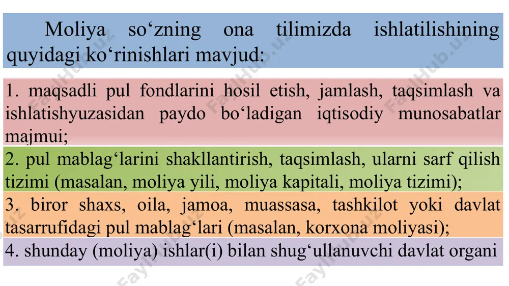 ishga qaratilgan chora-tadbirlaridir. bundan maqsad korxonaning rentabel boʻlishi, likvidligini taʼminlash va oʻz-oʻzini moliyalashtirishga erishishdir. korxona moliyaviy siyosati uning pul fondlaridan oqilona foydalanishiga, uning qarzdorligining meʼyorida boʻlishiga, pul mablaglarining oʻz vaqtida aylanib turishiga, moliyaviy majburiyatlarning vaqtida bajarilishiga qaratiladi. uy xo’jaliklarining moliyaviy siyosati ularning daromadlari va xarajatlarini balanslashtirish, yaʼni daromad manbalarini topish, daromadlarni oqilona ishlatish va farovonlikni oshirishni koʻzlaydi. davlat moliyaviy siyosatining asosiy maqsadi - jamiyatda yaratilgan boylik va ne’matlarning jamiyat a’zolari o’rtasida davlat moliyasi orqali maksimal darajada adolatli taqsimlanishini ta’minlash. byudjet siyosati 1. moliyaviy siyosatning tarkibiy qismlari (yo’nalishlari) soliq siyosati 2. pul siyosati 3. kredit siyosati 4. boj siyosati 5. baho siyosati 6. investision siyosat 7. “boshqaruv” atamasi umumiy tarzda obyektni rivojlantirish va takomillashtirish maqsadida unga ongli ravishda ta’sir ko’rsatishni anglatadi. moliyaviy boshqaruv jarayoni bir xil tarzda bo’lmasdan, u bir tomondan, faqat ob’ektlarni boshqarishni emas, balki ikkinchi tomondan, boshqaruv sub’ektlarini tashkil qilishni va ular faoliyatini takomillashtirishni ham o’z ichiga oladi. 4. …
