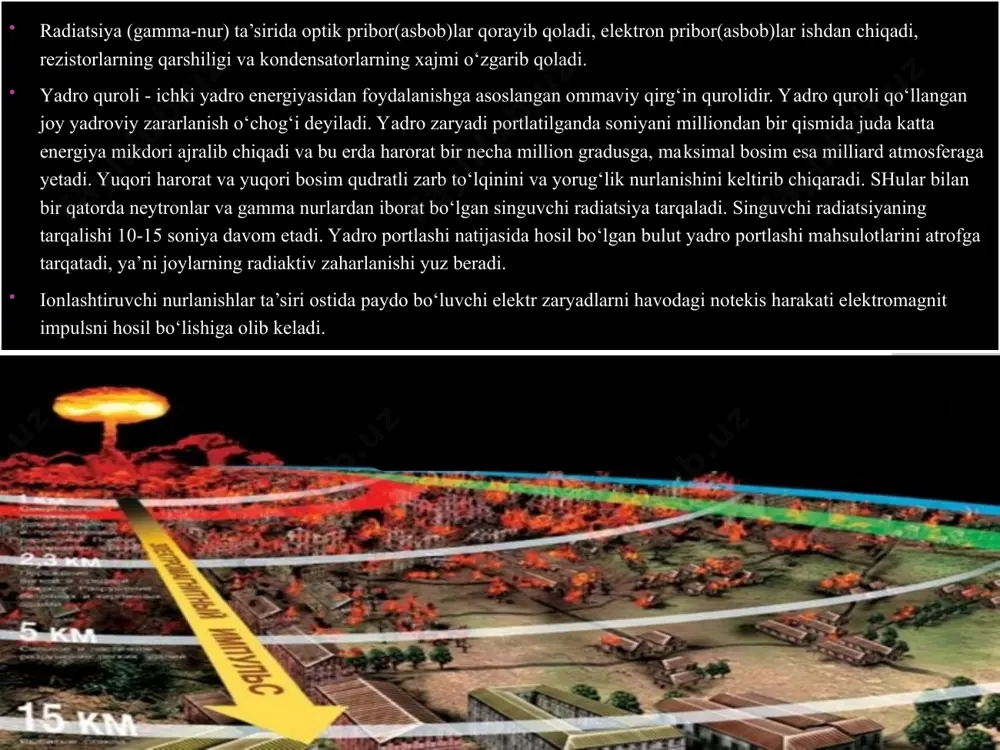 ri o’yilib oziq-ovqat va suv g’amlab qo’yish uchun tokchalar qilinadi. usti yopik xandaq. bunday xandaqlar yadro qurolining barcha shikastlovchi omillaridan xamda zaxarlovchi moddalar, bakterial vositalar va odatdagi qirg’in qurollaridan ximoya qilish imkonini ancha oshiradi. xandaqlar ustini yopish uchun mustaxkam materiallardan: yog’och yoki qator-qator qilib yotqizilgan 10-15 sm qalinlikdagi taxtalardan, temir-beton elementlar-dan, metall prokatlardan va boshka shu singari qurilish materiallaridan foydalaniladi. tom ustiga yopilgan gidroizolyasiya qurilish vositasining kirib o’tuvchi radiatsiyadan va radioaktiv nurlanishdan ximoya qilish quvvatini oshirish uchun ustiga 50—60 sm qalinlikda tuproq yotqiziladi. shaxsiy tarkibni zarb to’lqinidan ximoya qilishni kuchaytirish uchun va xandaq ichiga radioaktiv moddalar kirishi oldini olish uchun eshiklar o’rnatiladi yoki qo’shimcha щitlar qo’yiladi. usti yopiq xandaqlarda vaqti-vaqti bilan shamollatishni amalga oshirish uchun xandaqga kiriladigan eshikning narigi tomoniga ichkaridagi xavoni so’ruvchi tuynuk quriladi. umumqo’shin ximoya komplekti (uqxk) mazkur kostyumning qo’llanilishidan maqsad, teri, kiyim-kechak, oyoq kiyimlarini zaxarli, radioaktiv va bakteriologik moddalardan ximoya qilish, shuningdek, shaxsiy qurol, kiyim-kechak, oyoq kiyimlarining …