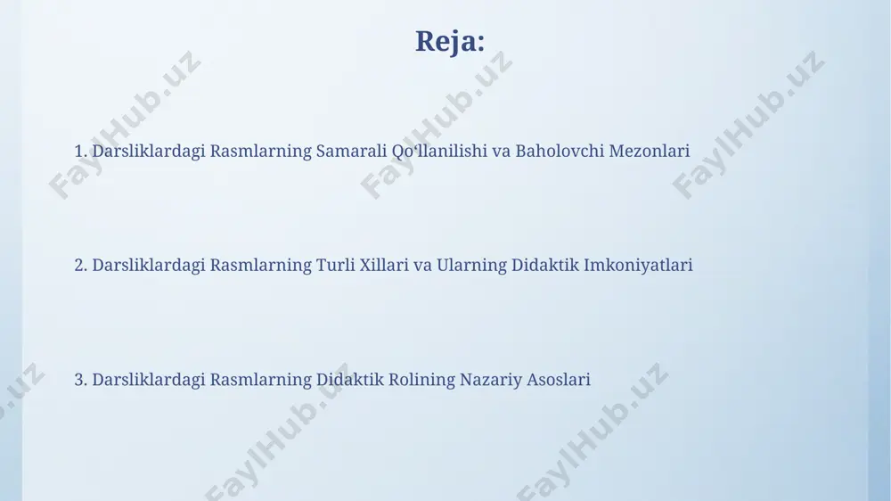 idan tushunarli bo'lishi uchun, ular sodda, aniq va rang-barang bo'lishi, shuningdek, matn bilan uyg'unlashishi kerak. masalan, toshkentdagi maktab darsliklarida bunday yondashuv samarali bo'lgan. har bir 10 ta sahifa uchun kamida 3 ta yuqori sifatli rasm qo'shish, o'quv materialini yaxshiroq tushunish va eslab qolishga yordam beradi. bu esa, masalan, farg'ona viloyatidagi maktablarda sinovdan o'tkazilgan. interaktiv rasmlar va ularning afzalliklari interaktiv rasmlar, masalan, 3d modellashtirish yoki animatsiyalar, o'quvchilarni 20% ga ko'proq ma'lumotni yaxshiroq o'zlashtirishga yordam beradi, bu esa toshkentdagi ta'lim muassasalarida o'tkazilgan tadqiqotlar bilan tasdiqlangan. o'quv qo'llanmalarida 5 dan ortiq interaktiv elementlar qo'shilishi, o'quv jarayonini 30% ga tezlashtirib, masalan, andijon viloyati maktablarida qo'llanilgan tajribaga ko'ra, bilimlarni mustahkamlashga yordam beradi. rasmlarning didaktik funksiyalari o'zbekiston maktablarining 2023-yilgi yangi darsliklarida, ayniqsa, geografiya fanida, 3 o'lchovli rasm va xaritalardan foydalanish geografik joylashuvni va tabiiy zonalarni yaxshiroq anglashga yordam beradi. samarqanddagi tarix muzeyi eksponatlarining rasmlari orqali 15-asr me'morchiligi haqidagi ma'lumotlarni o'quvchilarga ko'proq tushunarli va esda qolarli qilib …