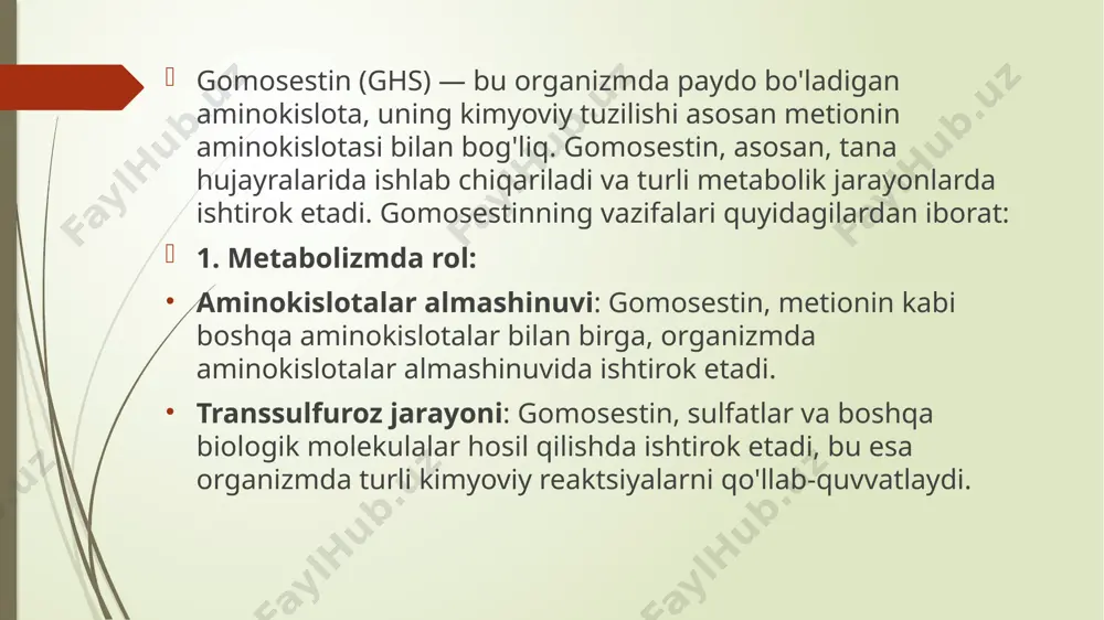 qobiliyatini pasaytiradi. xulosa: gomosestinning miqdori va sok o'rtasidagi aloqalar ko'plab biokimyoviy va biologik mexanizmlar orqali amalga oshadi. ular oksidlanish stressi, yallig'lanish, endotelial disfunktsiya va immun tizimining o'zgarishlari orqali o'pkaning salomatligiga ta'sir ko'rsatadi. shuning uchun gomosestin darajasini nazorat qilish va sog'lom turmush tarzini yuritish muhimdir. e’tiboringiz uchun rahmat
