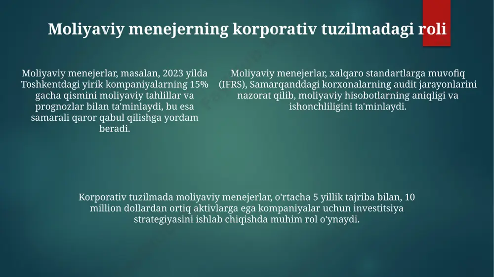 tlarini tekshirish natijalariga ko'ra, 2022 yil yakunlari bo'yicha aktivlarning 25% ga o'sishi kuzatilgan. moliyaviy audit jarayonida 2023-yilda toshkent shahrida joylashgan 50 ta kompaniyada o'tkazilgan tekshiruvlar natijasida 15% da moliyaviy buzuqliklar aniqlangan. korxonalarning moliyaviy nazorati samaradorligini oshirish uchun 3 yillik reja ishlab chiqilgan bo'lib, unda xarajatlarni 10% ga kamaytirish va daromadni 15% ga oshirish ko'zda tutilgan. moliyaviy rejalashtirish va tahlil tahlil qilishda, 2023 yilgi daromadlar 15 million so'mni tashkil etgan bo'lsa, 2024 yil uchun inflyatsiya va valyuta kursi o'zgarishlarini inobatga olgan holda, kamida 20 million so'm daromad rejalashtiriladi. moliyaviy rejalashtirishda 5 yillik prognozlarni ishlab chiqishda, kompaniyaning toshkentdagi aktivlari va xarajatlarini hisobga olib, 10% daromad o'sishini ta'minlash maqsad qilinadi. moliyaviy rejalashtirishda 5 yillik prognozlarni ishlab chiqishda, kompaniyaning toshkentdagi aktivlari va xarajatlarini hisobga olib, 10% daromad o'sishini ta'minlash maqsad qilinadi. moliyaviy tahlil va prognozlash moliyaviy tahlil, masalan, 2023 yilgi toshkentdagi kompaniyaning balansini tahlil qilish orqali, rentabellik koeffitsiyentlarini (roe, roa) hisoblash va kelgusidagi daromadlarni …