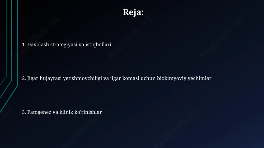 tabolizatsiyasi buzilishiga va jigar hujayralarining qo'shimcha shikastlanishiga olib kelishi mumkin. o'tkir jigar yetishmovchiligi holatlarida, qonda ammoniy miqdori 50-100 mkmol/l gacha oshishi, miya faoliyatini susaytirib, gepatosellyulyar ensefalopatiyaga (jigar komasi) olib kelishi mumkin. aminokislotalar almashinuvi buzilishi o'zbekistonda o'tkazilgan tadqiqotlar shuni ko'rsatdiki, jigar etishmovchiligi bilan og'rigan bemorlarda 20-30% gacha aminokislotalar almashinuvi buzilishi kuzatiladi, bu esa toksik birikmalarning to'planishiga olib keladi. g'arb mamlakatlarida olib borilgan klinik tadqiqotlar shuni ko'rsatdiki, 100 nafar jigar sirrozi bilan og'rigan bemorda 70 nafardan ko'prog'ida aminokislotalar almashinuvi buzilishi kuzatilgan bo'lib, bu holda maxsus terapiya talab etiladi. oqsil almashinuvi buzilishi oqsil almashinuvi buzilishi jigar etishmovchiligi bilan ogʻrigan bemorlarda 30-50% gacha kuzatilib, plazma oqsillarining, jumladan, al'bumin va protrombin darajasining pasayishiga olib keladi, bu esa qon ivishining buzilishiga va shish paydo bo‘lishiga sabab bo‘ladi. jigar sirrozi bilan kasallangan 50 yoshdan oshgan bemorlarda, toshkent shahridagi klinik kuzatuvlarga ko'ra, oqsil almashinuvi buzilishi natijasida gipoal'buminemiya va qon zardobida ammoniy miqdorining ko'payishi kuzatiladi. lipid almashinuvi buzilishi oʻzbekistonning …