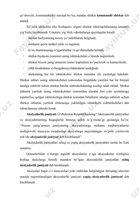 yati deb hisoblanadi. aksiyalari faqat o’z muassislari yoki oldindan belgilangan doiradagi shaxslar orasida taqsimlanadigan aksiyadorlik jamiyati yopiq aksiyadorlik jamiyati deb hisoblanadi. kompaniya (fransuzcha “compagnie” so’zidan) — iqtisodiy faoliyat (ishlab chiqarish, savdo, vositachilik, moliya, sug’urta va boshqalar) olib borish uchun uyushgan yuridik va jismoniy shaxslar, tadbirkorlar birlashmasidir. kompaniya deyilganda birlashmalar, shirkatlar, xo’jalik jamiyatlari, firmalar, korporatsiyalar, ya’ni turli tashkiliy-huquqiy shakllarga ega bo’lgan korxonalar tushuniladi. quyida 2.5-rasmda “o’zqurilish materiallari” aksionerlik kompaniyasining boshqaruv tashkiliy tuzilmasi ko’rsatilgan: konsern (“sopserp” — “ishtirok”, “manfaat” so’zidan) manfaatlar, shartnomalar, kapital, hamkorliqdagi faoliyatda ishtirok umumiyligi asosida birlashgan korxonalarning yirik birlashmasidir. korporatsiya (lotincha “compagnie” — “birlashma”, “hamjamiyat” so’zidan) biron-bir faoliyat uchun uyushgan aksiyadorlar jamiyati. hozir bozor iqtisodiyoti rivojlangan mamlakatlarda xo’jalikning barcha tarmoqlarida asosiy mavqega ega. firma (ital’yancha “firma” — “imzo” so’zidan) korxona, kompaniya va tijorat tashkilotlarining umumiy nomi. xodimlar soni, mulk shakli, huquqiy holat va boshqalarga ko’ra xilma-xil firmalar mavjud. firmalarda band bo’lgandar soni 2 — 3 kishidan 20 — 30 …