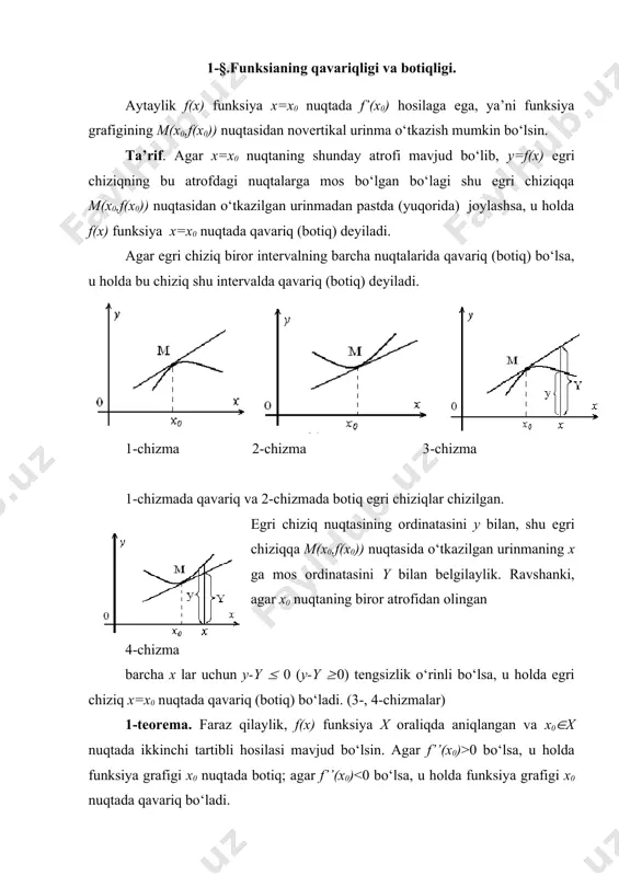 agar x=4 bo‘lsa, u=2. 5-chizma funksiyaning uzilish nuqtalari yo‘q. 2) funksiya toq ham, juft ham emas, davriy ham emas. 3) funksiyaning nollari yo‘q, 4) og‘ma asimptotalari yo‘q, chunki aniqlanish 6-chizma 7-chizmasohasi kesmadan iborat. 5) hosilasini topamiz: .hosilani nolga tenglashtirib, kritik (statsionar) nuqtanitopamiz: x=2. 40-chizmadagi sxemani chizamiz. bundan funksiya (0,2) intervalda o‘suvchi, (2,4) intervalda kamayuvchi, x=2 nuqtada funksiya maksimumga erishishi kelib chiqadi. maksimum nuqtasining ordinatasi ymax=2. 6) ikkinchi tartibli hosilani topamiz: . (0,4) intervalda ikkinchi tartibli hosila manfiy, demak bu intervalda funksiya grafigi qavariq bo‘ladi. funksiya grafigi 5–chizmada chizilgan. shuni aytib o‘tish kerakki, , bo‘lganligi sababli, funksiya grafigi (0,2) nuqtada ordinatalar o‘qiga, (4,2) nuqtada x=4 to‘g‘ri chiziqqa urinadi. 3. y=xx. funksiyani tekshiring va grafigini chizing. yechilishi. avval funksiyani quyidagicha yozib olamiz: y=xx=exlnx. 1) funksiyaning aniqlanish sohasi barcha musbat sonlar to‘plami. chegaraviy qiymatlari: exlnx=1, exlnx=+. uzilish nuqtalari yo‘q. 2) funksiya juft ham, toq ham, davriy ham emas. 3) funksiyaning nollari mavjud emas. …