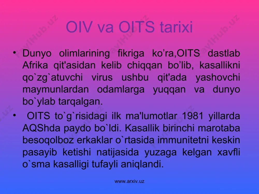 haxslar ro`yxatga olingan. oiv bilan ro`yxatga olingan shaxslarning 60 nafarini chet el fuqarolari tashkil etadi. respublikada jami qayd etilgan 3531 nafar oiv yuqqan shasxlarning 11 nafari 15 yoshgacha bo`lgan bolalardir, 2916 nafari erkaklar va 615 nafarini ayollar tashkil etadi. www.arxiv.uz www.arxiv.uz * oiv bilan ro`yxatga olingan shaxslarning 473 nafariga kasallik jinsiy yo`l bilan, 1960 nafariga qon orqali,1098 nafariga noaniq yo`l (qaysi yo`l bilan yuqqanligi tekshirilmoqda) bilan yuqqan. respublikamizda oits kasalligi natijasida vafot etganlar soni 101 nafarni tashkil etadi. vafot etganlarning 70 %da atipik pnevmoniya holati aniqlangan. biroq rasmiy statistika virus yuqqanlarning real sonini ko’rsatmaydi, chunki haqiqatda rasmiy ro’yxatdan o’tkazilgan oiv bilan zararlangan bir kishiga shifokorlar tomonidan ro’yxatga olinmagan 5-8 virus tashuvchilari to’g’ri keladi. www.arxiv.uz www.arxiv.uz oitsning davosi bormi? kasallik epidemiyasi 20 yildan ortiq vaqtdan buyon davom etayotgan bo`lsada, hanuzgacha kasallikning davosi topilmagan. hozirgi kunda dunyoning yetakchi olimlari tomonidan oits kasalligini keltirib chiqaruvchi oiv virusiga qarshi vaktsina yaratish borasida olib borayotgan …