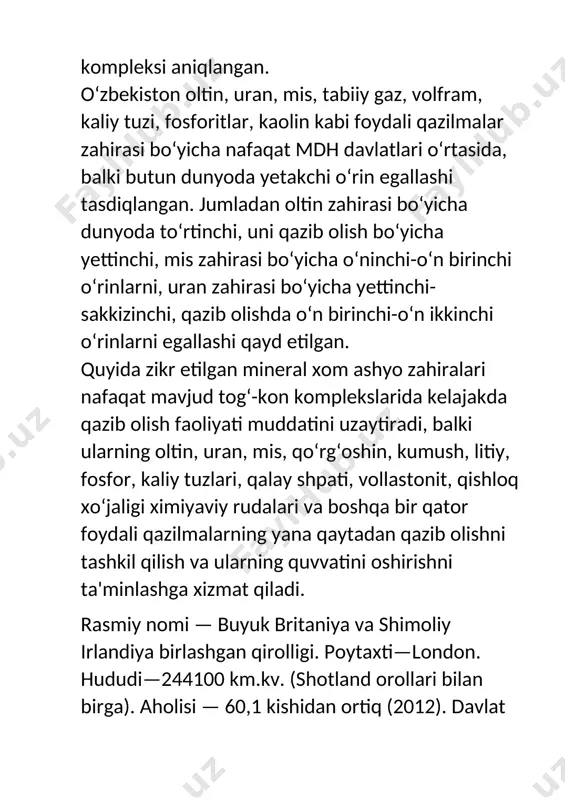 tta london), uels (8 graflik), shotlandiya (9 rayon va 3 orol hududlar), shimoliy irlandiya (26 okrug)lardan tashkil topgan. men va normand orollari ustidan alohida nazorat o‘rnatilgan. buyuk britaniyaga qaram hududlar: angilya, bermud orollari, hind okeanidagi britan hududlari, britan virgin orollari, kayman orollari, folklend orollari, gibraltar, jersi, gernsi, mel oroli, montserrat, pitkerka orollari, muqaddas yelena oroli, janubiy jorjiya va janubiy sandvich orollari, terks va kaykos orollari. qaram hududlar hozirgacha buyuk britaniyaning dengizorti mulklari deb nomlanib, to‘liq mustaqil davlat hisoblanmaydi. shunga qaramasdan ular o‘z-o‘zini idora qilish huquqiga ega bo‘lib, o‘z qonunchilik organlariga egadirlar. asosiy siyosiy partiyalari: konservatorlar partiyasi, leyboristlar partiyasi, liberal demokratlar partiyasi, shotland milliy partiyasi. iqtisodi, transport kommunikatsiyalari. buyuk britaniya iqtisodi rivojlangan davlat boiib, jahondagi sakkizta rivojlangan davlatlar qatoriga kiradi. mamlakat sanoatida qazib olish sohalari alohida ahamiyat kasb etadi. 0‘z hududidagi shaxtalaming yopilishi va ko‘mir qazib olishning qisqarishi bilan bir vaqtda shimoliy dengizdan neft va gaz qazib olish ko‘paytirilmoqda. sanoatning boshqa …