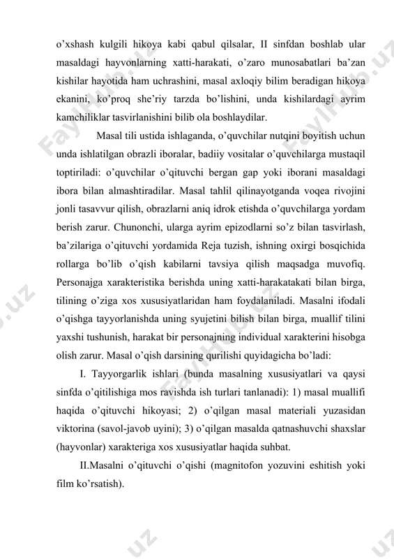 chiqib undagi asosiy fikrni belgilash. iv. allegoriyani ochish. v.axloqiy xulosa aks ettirilgan qismni tahlil qilish. vi. hayotda uchragan o’xshash hodisalarga taqqoslash. she’r — ohang jihatidan ma’lum bir tartibga solingan, his-tuyg’u ifodasi sifatida vujudga kelgan hayajonli ritmik nutq. she’riy nutqni ohang jihatidan ma’lum bir tartibga solish vositalari ritm (bir-biriga monand kichik bo’laklarning izchil va bir me’yorda takrorlanib kelishi) va qofiya (misralarning oxirida keladigan ohangdosh so’zlar) hisoblanadi. she’rni o’qiganda kichik yoshdagi o’quvchilar tabiat va jamiyat voqea-hodisalarining poetik tasviridan hayajonlanishlari muhim ahamiyatga ega. boshlang’ich sinflarda she’r tarzida yozilgan hikoyalar, ya’ni she’riy hikoyalar va lirik she’rlar o’qitiladi. she’riy hikoyada syujet, ya’ni voqealar tizimi va uning rivoji xarakterlidir. lirik she’r “biror hayotiy voqea-hodisa ta’sirida insonda tutilgan ruhiy kechinma, fikr va tuyg’ular orqali turmushni aks ettiradi. lirik she’rning xususiyati kishining his-tuyg’uga to’la hayajonli nutqini ta’sirli ifodalashga qo’l keladi. bunda ohangdorlik va musiqiylikni vujudga keltiradi. she’rni o’qish darslarida asosiy ish turi ifodali o’qish hisoblanadi. o’quvchi she’rning asosiy …