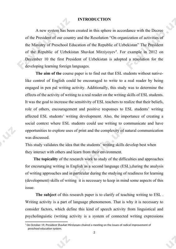 when they interact with others and learn from their environment. the topicality of the research work to study of the difficulties and approaches for encouraging writing in english as a second language (esl),during the analysis of writing approaches and in particular during the studying of readiness for learning (development) skills of writing it is necessary to keep in mind some aspects of this issue. the subject of this research paper is to clarify of teaching writing to esl . writing activity is a part of language phenomenon. that is why it is necessary to consider factors, which define this kind of speech activity from linguistical and psycholinguistic (writing activity is a system of connected writing expressions producing) positions. the theoretical importance of the course work views the background of the integrated-skills approach, shows differences between spoken and written language, describes writing as a whole process and gives some examples of …