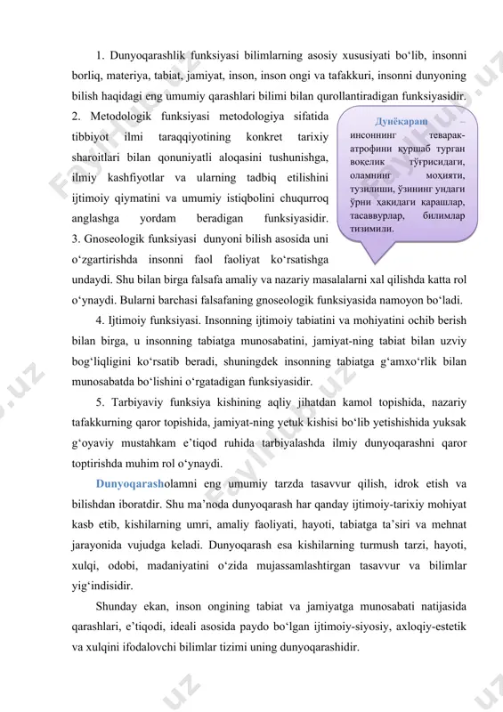 , vatani va eng yaqin odamlari taqdiridan befarq bo‘lmaslik kabi shakllarda namoyon bo‘ladi. bularning barchasi dunyoni his etish muayyan dunyoqarashning shakllanishiga zamin yaratadi. har bir kishida hissiyot, fikr, bilim, e’tiqod, intilish, orzu-umid, qadriyatlar dunyoqarash tarkibida birlashib, olamni bir butun, yaxlit holda tasavvur ettiradi. bilim ma’lum bir hodisa yoki narsani baholashda dunyoqarashga aylanadi. masalan, kishilarning jamiyatdagi axloqiy munosabatlari – axloqiy dunyoqarashda, siyosiy, diniy munosabatlari huquqiy va diniy dunyoqarashda, ekologik munosabatlari – ekologik dunyoqarashda. madaniy munosabatlari madaniy dunyoqarashda ifodalanadi. «dunyoqarash» tushunchasi o‘zlikni anglash, vatanparvarlik va milliy g‘urur, tarixiy xotira, ma’naviy barkamollik kabi tuyg‘ular bilan uzviylikda shakllana boradi. shunga ko‘ra o‘qituvchilar fan asoslarini o‘qitar ekan, doimiy ravishda bilimlarning uzviyligiga rioya etishi kerak. jamiyat taraqqiyotida, xususan barkamol shaxs tarbiyasida madaniyat katta ahamiyat kasb etadi. chunki madaniyat insonnning iqtidori, salohiyati, qobiliyati va o‘zligini namoyon etib, uning bilimlari, ko‘nikma va tajribalarini, ma’naviy salohiyatini amaliy faoliyati orqali kamol toptirishda asosiy rol o‘ynaydi. shunga ko‘ra o‘zbekiston respublikasi prezidenti …