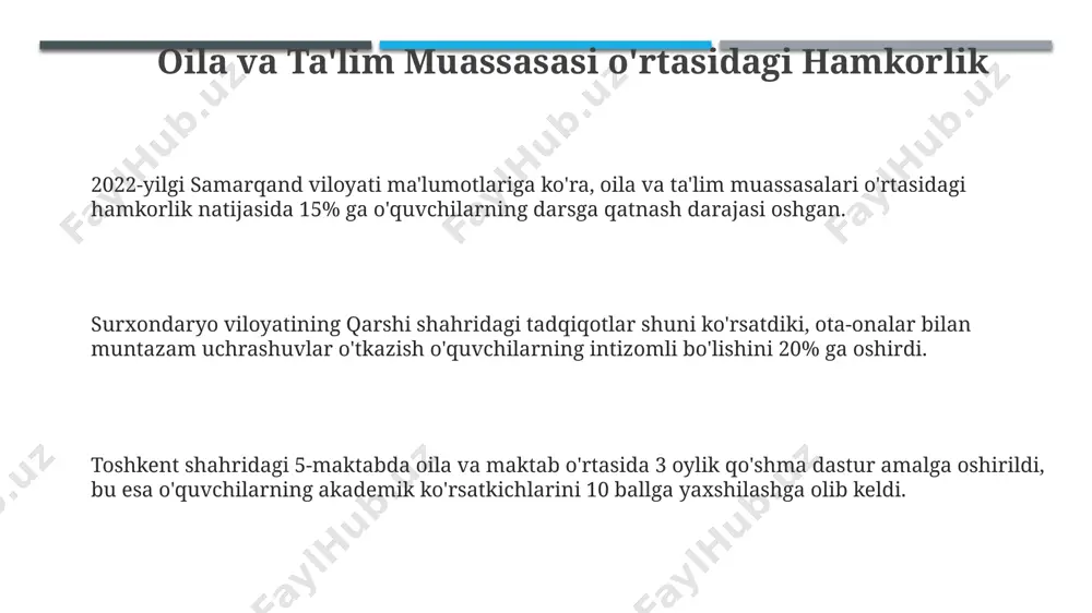 surxondaryo viloyatining qarshi shahridagi 10 ta maktabda qo‘llanilgan yangi hamkorlik modeli, o‘quvchilarning ijtimoiy moslashuvchanligini 20% ga oshirdi va huquqbuzarliklar sonini 8% ga kamaytirdi. kelajakdagi rejalar va tavsiyalar bolalarni ijtimoiy moslashishiga yordam berish maqsadida toshkent shahrida 2024 yildan boshlab “yangi avlod” loyihasi doirasida 3 ta yangi oilaviy-mahalla markazini ochish zarur. qashqadaryo viloyatining 7 ta tumanida o‘quvchilarning salomatligini mustahkamlash va intellektual rivojlanishini ta’minlash uchun mahalla, oila va maktablar o‘rtasida 2025 yilgacha 15 ta qo‘shma dasturni joriy etish kerak. samarqand viloyatida 5 yil ichida oila, mahalla va ta’lim muassasalarining o’zaro hamkorligini kuchaytirish bo’yicha 10 ta aniq dastur ishlab chiqish va ularni amalga oshirishni taklif etamiz. oila va mahalla o'rtasidagi hamkorlik farg'ona viloyati, qo'qon shahridagi "barkamol avlod" mahalla fuqarolar yig'ini va 7-bolalar bog'chasining birgalikdagi loyihasi natijasida 2023-yilda 80% ga yaqin bolalar maktabga tayyor holda kelishdi. samarqand viloyatining urgut tumanidagi "navro'z" mahalla fuqarolar yig'ini bilan 3 ta maktab o'rtasida tuzilgan shartnoma doirasida 100 dan ortiq …