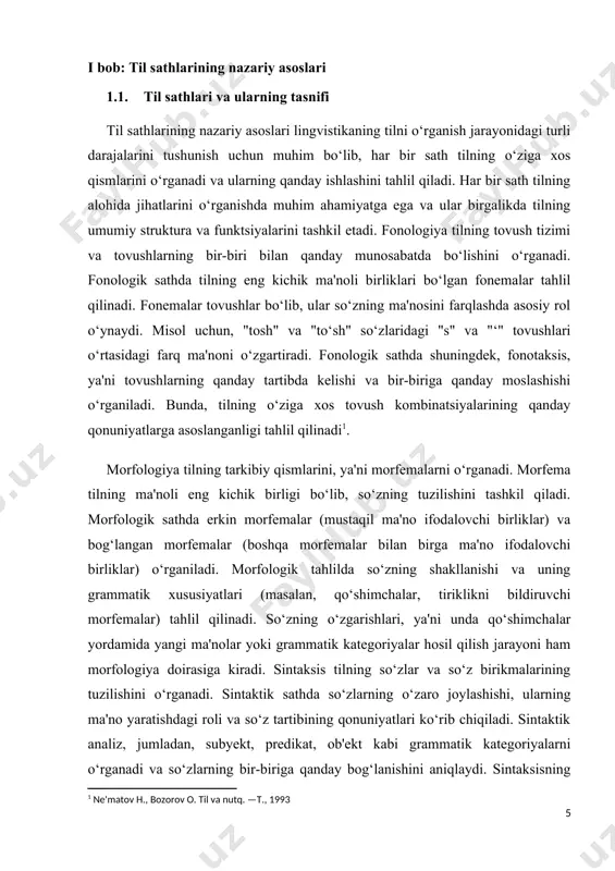 ni saqlashni ko‘rsatadi. masalan, biror suhbatda so‘zlar bir-birini to‘ldirishi va rivojlantirishi kerak. stilistika tilning turli uslublari, maqsadlar uchun qilingan til tanlovlarini o‘rganadi. stilistik sathda so‘zlarning yoki iboralarning hissiy va ma'nodagi ta'siri, formal va norasmiy til o‘rtasidagi farqlar tahlil qilinadi. stilistik tahlil tilning estetik va kommunikativ xususiyatlarini o‘rganadi. uslubiy xususiyatlar, misol uchun, yozuvchilar va nutq so‘zlovchilar tomonidan ma'lum bir auditoriyaga moslashtirilgan uslublar (formal, informal, ilmiy, adabiy va boshqalar) bilan bog‘liqdir. sotsiolingvistika til va jamiyat o‘rtasidagi munosabatlarni o‘rganadi. bu sathda tilning ijtimoiy kontekstdagi roli, tilning ijtimoiy guruhlar orasidagi farqlari tahlil qilinadi. dialektlar, ijtimoiy variantlar va tilning ijtimoiy ta'siri sotsiolingvistik sathni tashkil etadi. sotsiolingvistika tilning madaniyat va jamiyatdagi ijtimoiy o‘zgarishlarga qanday ta'sir qilishini, shuningdek, tilning ijtimoiy guruhlar, yoshlar, jinslar va boshqa ijtimoiy parametrlar asosida qanday farqlanishini o‘rganadi. til sathlarining nazariy asoslari tilni kompleks va ko‘p qirrali tizim sifatida tushunishga yordam beradi. har bir sath tilning alohida aspektlarini o‘rganadi va ular birgalikda tilning umumiy …