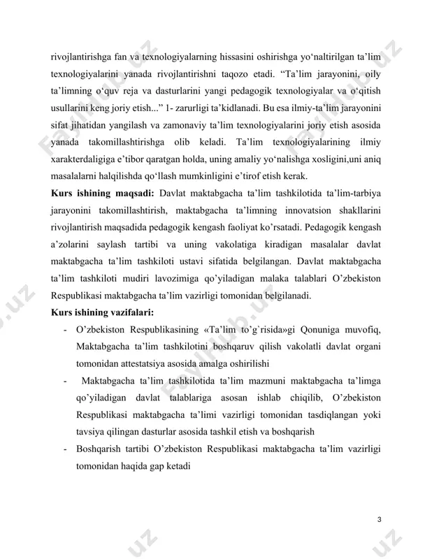 talablari o’zbekiston respublikasi maktabgacha ta’lim vazirligi tomonidan belgilanadi. kurs ishining vazifalari: · o’zbekiston respublikasining «ta’lim to’g`risida»gi qonuniga muvofiq, maktabgacha ta’lim tashkilotini boshqaruv qilish vakolatli davlat organi tomonidan attestatsiya asosida amalga oshirilishi · maktabgacha ta’lim tashkilotida ta’lim mazmuni maktabgacha ta’limga qo’yiladigan davlat talablariga asosan ishlab chiqilib, o’zbekiston respublikasi maktabgacha ta’limi vazirligi tomonidan tasdiqlangan yoki tavsiya qilingan dasturlar asosida tashkil etish va boshqarish · boshqarish tartibi o’zbekiston respublikasi maktabgacha ta’lim vazirligi tomonidan haqida gap ketadi kurs ishi ishining tаrkibiy tuzilishi vа hаjmi: mundarija, kirish, 2 bоb, 4 bо‘lim, umumiy xulоsа, fоydаlаnilgаn adabiyotlar. prezident farmonlari va qarorlari o‘zbekiston respublikasi prezidentining “o‘zbekiston respublikasi oliy ta’lim tizimini 2030-yilgacha rivojlantirish konsepsiyasini tasdiqlash to‘g‘risida” 2019-yil 8-oktabrdagi pf–5847-son hamda “2017–2021-yillarda o‘zbekiston respublikasini rivojlantirishning beshta ustuvor yo‘nalishi bo‘yicha harakatlar strategiyasini “ilm, ma’rifat va raqamli iqtisodiyotni rivojlantirish yili”da amalga oshirishga oid davlat dasturi to‘g‘risida” 2020-yil 2-martdagi pf–5953-son farmonlarida belgilangan vazifalar ijrosini ta’minlash maqsadida № 824 31.12.2020 da qabul qilingan vazirlar …