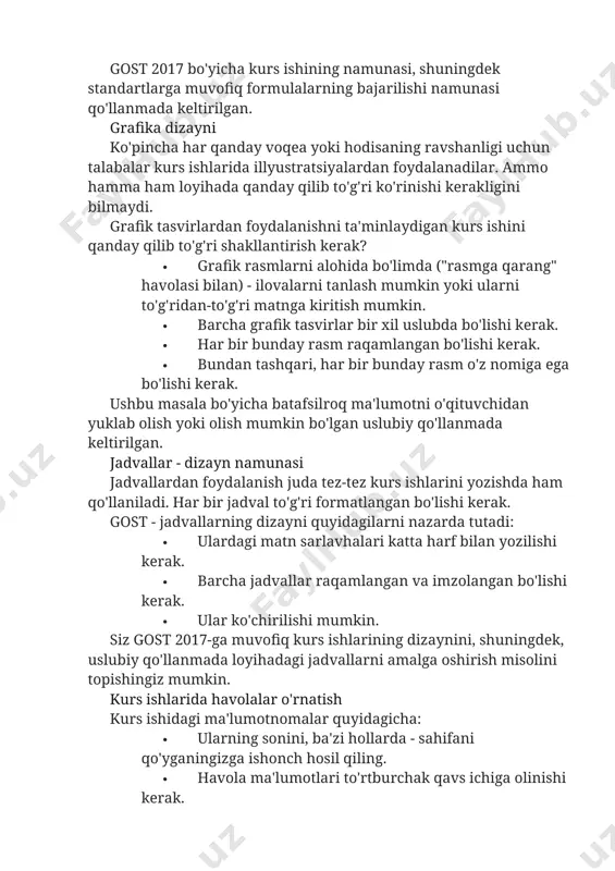 ini bilmaydi. grafik tasvirlardan foydalanishni ta'minlaydigan kurs ishini qanday qilib to'g'ri shakllantirish kerak? · grafik rasmlarni alohida bo'limda ("rasmga qarang" havolasi bilan) - ilovalarni tanlash mumkin yoki ularni to'g'ridan-to'g'ri matnga kiritish mumkin. · barcha grafik tasvirlar bir xil uslubda bo'lishi kerak. · har bir bunday rasm raqamlangan bo'lishi kerak. · bundan tashqari, har bir bunday rasm o'z nomiga ega bo'lishi kerak. ushbu masala bo'yicha batafsilroq ma'lumotni o'qituvchidan yuklab olish yoki olish mumkin bo'lgan uslubiy qo'llanmada keltirilgan. jadvallar - dizayn namunasi jadvallardan foydalanish juda tez-tez kurs ishlarini yozishda ham qo'llaniladi. har bir jadval to'g'ri formatlangan bo'lishi kerak. gost - jadvallarning dizayni quyidagilarni nazarda tutadi: · ulardagi matn sarlavhalari katta harf bilan yozilishi kerak. · barcha jadvallar raqamlangan va imzolangan bo'lishi kerak. · ular ko'chirilishi mumkin. siz gost 2017-ga muvofiq kurs ishlarining dizaynini, shuningdek, uslubiy qo'llanmada loyihadagi jadvallarni amalga oshirish misolini topishingiz mumkin. kurs ishlarida havolalar o'rnatish kurs ishidagi ma'lumotnomalar quyidagicha: · …