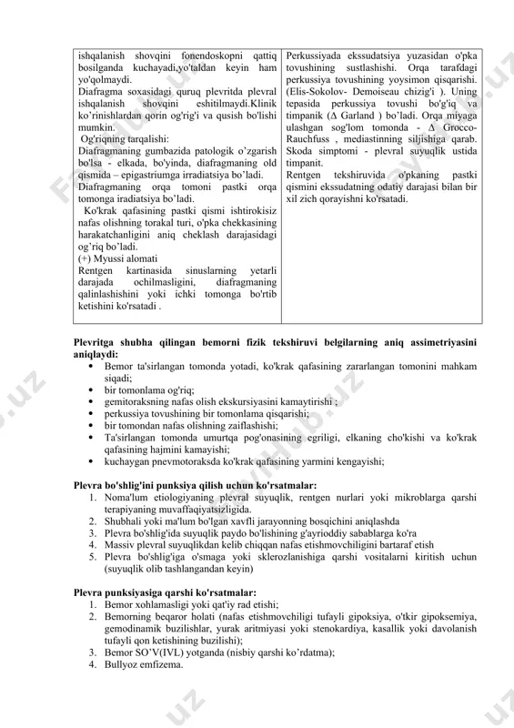 ks) 7.boshqa (asbestoz va boshqalar) plevritning klinik ko'rinishi quruq plevrit eksudativ plevrit ko'krak qafasining turli sohalarida og'riqlar, quruq yo'tal bilan shikoyat qiladi. og'riq chuqur nafas olish, yo'talish, sog'lom tomonga egilish bilan kuchayadi va ko'krakning ta'sirlangan tomanini mahkamlaganda kamayadi. bemor "kasal" tomonda yotishni afzal ko'radi. auskultatsiya: cheklangan joylarda nafas olish va chiqarish vaqtida eshitiladigan past plevral ishqalanish shovqini fonendoskopni qattiq bosilganda kuchayadi,yo'taldan keyin ham yo'qolmaydi. diafragma soxasidagi quruq plevritda plevral ishqalanish shovqini eshitilmaydi.klinik ko’rinishlardan qorin og'rig'i va qusish bo'lishi mumkin. og'riqning tarqalishi: diafragmaning gumbazida patologik o’zgarish bo'lsa - elkada, bo'yinda, diafragmaning old qismida – epigastriumga irradiatsiya bo’ladi. diafragmaning orqa tomoni pastki orqa tomonga iradiatsiya bo’ladi. ko'krak qafasining pastki qismi ishtirokisiz nafas olishning torakal turi, o'pka chekkasining harakatchanligini aniq cheklash darajasidagi og’riq bo’ladi. (+) myussi alomati rentgen kartinasida sinuslarning yetarli darajada ochilmasligini, diafragmaning qalinlashishini yoki ichki tomonga bo'rtib ketishini ko'rsatadi . kasallik tana haroratining ko'tarilishi, titroq, bosh og'rig'i, quruq yo'tal, ko’krakning yon …