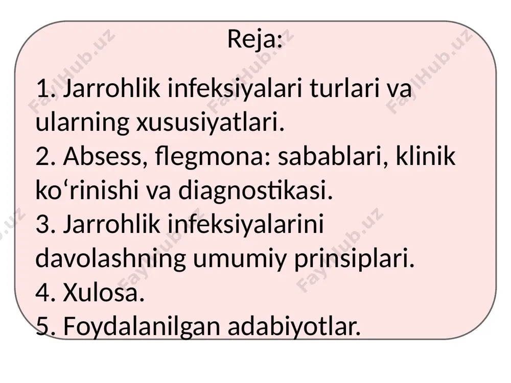 vchini aniqlashga yordam beradi. flegmona: tarqalishi, xavflilik darajasi va davolash usullari tarqalishi flegmona to'qimalar bo'ylab tez tarqaladigan infeksiyadir. u odatda teri osti qavatida, mushaklarda yoki bo'yin sohasida rivojlanadi. infeksiya limfa yo'llari orqali tarqalishi va sepsisga olib kelishi mumkin. xavflilik darajasi flegmona hayot uchun xavfli bo'lishi mumkin, ayniqsa agar u tezda davolanmasa. infeksiya sepsis, nekrotik fasit yoki toksik shokka olib kelishi mumkin. qandli diabet, immunitet tanqisligi va surunkali kasalliklari bo'lgan bemorlar flegmonaga ayniqsa moyil. davolash usullari flegmonani davolash odatda jarrohlik yo'li bilan to'qimalarni tozalash va antibiotikoterapiyani o'z ichiga oladi. jarrohlik tozalash infeksiyalangan va o'lik to'qimalarni olib tashlashni o'z ichiga oladi. antibiotiklar infeksiyani yo'q qilish uchun vena ichiga yuboriladi. saramas: yuqish yo'llari, belgilari va profilaktikasi yuqish yo'llari saramas - bu streptococcus pyogenes bakteriyasi keltirib chiqaradigan teri infeksiyasi. u odatda jarohatlar, kesiklar yoki operatsiyalardan keyin yuqadi. saramas odamdan odamga bevosita aloqa orqali ham yuqishi mumkin. belgilari saramasga terining qizarishi, shishishi va og'riqli yallig'lanishi …