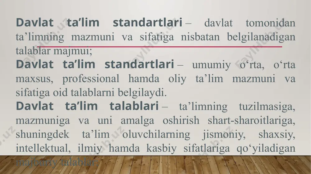 yan kasbiy tayyorgarlik turining nomi; nodavlat ta’lim tashkilotlari mustaqil ishlab chiqilgan va litsenziyada ko‘rsatilgan o‘quv dasturlari asosida ta’lim faoliyatini amalga oshirishlari mumkin. o‘zbekiston respublikasi oliy va o‘rta maxsus ta’lim vazirligi davlat ta’lim standartlari, malaka talablari, oliy ta’lim, o‘rta maxsus ta’lim hamda professional ta’limning o‘quv rejalari va o‘quv dasturlari ishlab chiqilishini ta’minlaydi. ushbu maqsadlar uchun o‘zbekiston respublikasi oliy va o‘rta maxsus ta’lim vazirligi tayanch davlat oliy ta’lim va professional ta’lim muassasalarini belgilaydi. tayanch davlat oliy ta’lim va professional ta’lim muassasalari kadrlarning talabgorlari ishtirokida davlat ta’lim standartlarini, malaka talablarini, o‘quv rejalari va o‘quv dasturlarini tayyorlashni amalga oshiradi. davlat ta’lim standartlari kasbiy standartlar asosida ishlab chiqiladi. o‘zbekiston respublikasi xalq ta’limi vazirligi umumiy o‘rta ta’limning davlat ta’lim standartlari ishlab chiqilishini ta’minlaydi. oliy, professional, o‘rta maxsus va umumiy o‘rta ta’limning davlat ta’lim standartlari, malaka talablari, o‘quv rejalari va o‘quv dasturlari o‘zbekiston respublikasi oliy va o‘rta maxsus ta’lim vazirligi, xalq ta’limi vazirligi hamda o‘zbekiston respublikasi vazirlar …