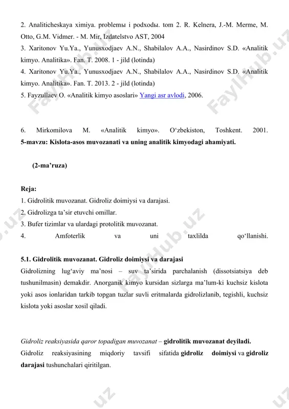 lar ko`rsating? foydalanilgan adabiyotlar 1. analiticheskaya ximiya. problemы i podxodы. tom 1. r. kelnera, j.-m. merme, m. otto, g.m. vidmer. - m. mir, izdatelstvo ast, 2004 2. analiticheskaya ximiya. problemы i podxodы. tom 2. r. kelnera, j.-m. merme, m. otto, g.m. vidmer. - m. mir, izdatelstvo ast, 2004 3. xaritonov yu.ya., yunusxodjaev a.n., shabilalov a.a., nasirdinov s.d. «analitik kimyo. analitika». fan. t. 2008. 1 - jild (lotinda) 4. xaritonov yu.ya., yunusxodjaev a.n., shabilalov a.a., nasirdinov s.d. «analitik kimyo. analitika». fan. t. 2013. 2 - jild (lotinda) 5. fayzullaev o. «analitik kimyo asoslari» yangi asr avlodi, 2006. 6. mirkomilova m. «analitik kimyo». o‘zbekiston, toshkent. 2001. 6-mavzu: oksidlanish-qaytarilish muvozanati va uning analitik kimyodagi ahamiyati reja: 1. oksidlanish-qaytarilish reaksiyalari (o.q.r.). 2. redoks juftining standart potensiali va o.q.r. yo‘nalishi. 3. oksidlanish-qaytarilish reaksiyasining elektr yurituvchi kuchi. 4. o.q.r. – muvozanat doimiysi. 5. o.q.r. – yo‘nalishiga ta’sir etuvchi omillar. 6. o.q.r. –larni kimyoviy taxlilda qo‘llanishi. 6.1. …