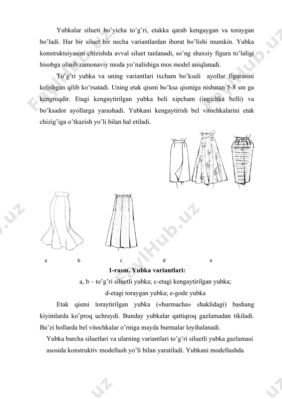 lishi mumkin. yubka vitochkalarining o’rni, soni va kattaligini aniqlash har bir figuraning xususiyatlariga bog’liq. to’g’ri yubkada ort bo’lakda 2 ta, old bo’lakda 2 ta vitochka loyihalanadi. agar vitochka kattaligi 4 sm dan oshsa, u ikkiga bo’linadi, ya’ni 2 ta vitochka o’rniga 4 ta loyihalanadi. klassik to’g’ri yubka ort bo’lagi o’rta chokli yoki yaxlit bo’ladi. taqilma chap yon chokda yoki ort o’rta chokda tikiladi. to’g’ri yubka belbog’li va belbog’siz qilib tikilishi mumkin. (2-rasm). klassik to’g’ri yubkaning chiziqlar bilan bo’linishi 3-rasmda ko’rsatilgan. 3-rasm. to’g’ri yubkaning konstruktiv chiziqlari va asosiy bo’laklari. to’g’ri yubka chizmasini chizish va modyellash to’g’ri yubka chizmasini o’quvchilar nazariy darslarda o’zlashtiradilar. misol tariqasida 164-96-100 o’lchamli figura uchun yubka bazis to’r va asos konstruktsiyasi chizmasi berilgan. yubkani qurish uchun dastlabki ma’lumotlar: r=164, ogii – 96; ob = 100 sm 20 1-jadval o’lchov belgisi belgilanishi o’lchov belgisi nomi: kattaligi, sm. sbel bel aylanasi 37 sbo’k bo’ksa aylanasi 50 dort.bel orqaning belgacha uzunligi …