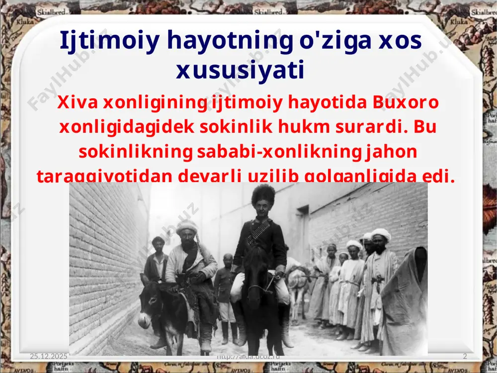 avqeyi pasaya borgan. 26.06.2020 http://aida.ucoz.ru 7 muhammad rahimxon i davrida nufuzli amaldorlardan iborat devon tuziladi. 26.06.2020 http://aida.ucoz.ru 8 u xonning birinchi yordamchisiga aylandi. xonning barcha yorliq va farmonlari uning qo'lidan o'tgan. devon davlat hayotiga oid masalalarni hal etgan. devonda xondan keyingi o'rinda qo'shbegi turadigan bo'ldi. muhammad rahimxon i xonga sadoqat bilan xizmat qilganlarning lavozimlari ba'zan o'g'illariga meros qilib berilgan. viloyatlarni beklar, noibliklarni xon tayinlagan noiblar boshqargan. ular, asosan, moliya va mirshablik vazifalarini bajarganlar. 26.06.2020 http://aida.ucoz.ru 9 xonlik tarkibidagi qozoq va qoraqalpoqlar esa o'zlarining biylari, turkmanlar esa ularning vakili tomonidan boshqarilgan. ularning lavozimlari nasldan naslga meros bo'lib o'tsa-da, nomzodini xon tasdiqlashi shart bo'lgan. 26.06.2020 http://aida.ucoz.ru 10 yer egaligi 26.06.2020 http://aida.ucoz.ru 11 egalik shakliga ko'ra, xiva xonligining yerlari ham uchga bo'lingan. xonlikning asosiy boyligi yer hisoblanardi. bu yerlar sug'oriladigan (axya) va sug'orilmaydigan (adra) yerlardan iborat edi. 1. davlat yerlari (podshohi). 2. xususiy mulk (xususiy yerlar). 3. vaqf yerlari. soliq va majburiyatlar 26.06.2020 …