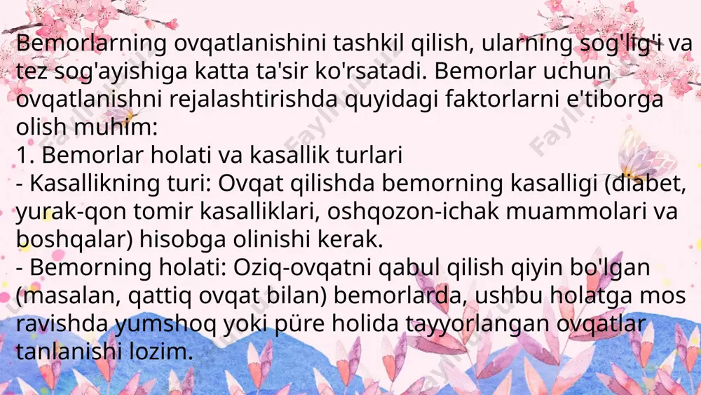 asi va ovqatlanishi, mutaxassis (nutritionist yoki shifokor) tomonidan nazorat qilinishi va maslahat berilishi maqsadga muvofiqdir. bemorlarning ovqatlanishini tashkil qilish ularning umumiy salomatligini va tayyorlanish jarayonini yaxshilashga yordam beradi. gigiyenik ahamiyati: - oziq-ovqat xavfsizligi: gigiena qoidalariga rioya qilish, oziq-ovqat mahsulotlarining ifloslanishini oldini olishga yordam beradi, bu esa oziq-ovqat orqali o'tadigan kasalliklarni kamaytiradi. - ovqat tayyorlash jarayoni: oziq-ovqatlarni tayyorlashda qo'l va uskunalarning toza bo'lishi, zararlanishni oldini oladi. eng muhim gigiena qoidalari orasida ovqatlarni yuvish, pishirishdan oldin va keyin qo'llarni toza tutish mavjud. - oziq-ovqat saqlash: ovqatlarni to'g'ri saqlash (masalan, muzlatgichda kerakli haroratda saqlash) mahsulotlar xavfsizligini ta'minlaydi va ularning sifati pasayishini oldini oladi. bemorlar uchun sog'lom ovqatlanish: - psixologik jihati: oziq-ovqatlarning toza va gigiyenik sharoitlarda tayyorlanishi bemorlarda ishonch va xavfsizlik hissini uyg'otadi. bu ularga ruhiy jihatdan yordam beradi. - berilgan ovqatlarning mazasi: gigienik sharoitda tayyorlangan va toza ovqatlarning ta'mi ko'pincha yaxshi bo'ladi, bu esa bemorlarning ovqatga bo'lgan qiziqishini oshiradi. tibbiy nazorat: - kasalliklarni …