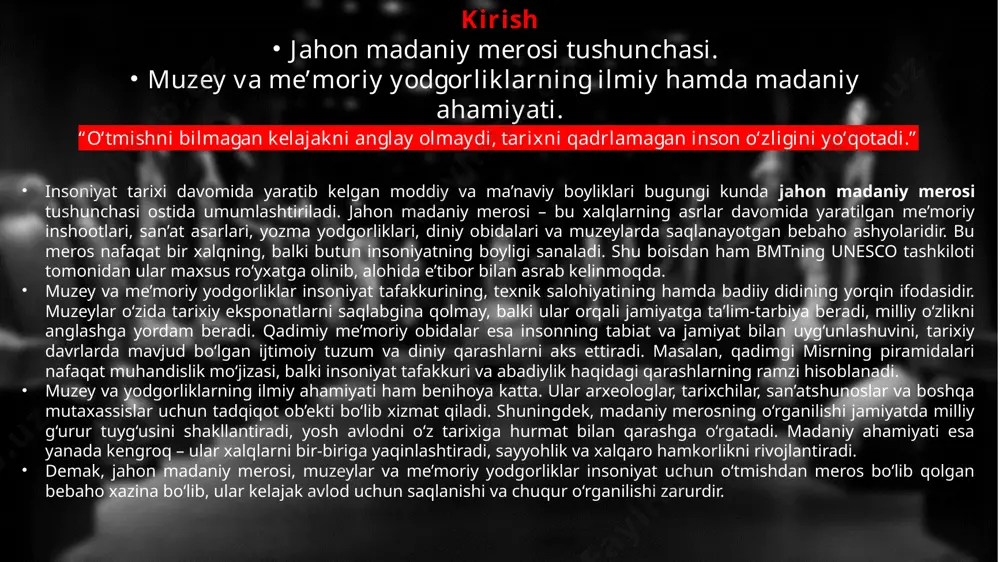 d uchun saqlanishi va chuqur o‘rganilishi zarurdir. “o‘tmishni bilmagan kelajakni anglay olmaydi, tarixni qadrlamagan inson o‘zligini yo‘qotadi.” sirli sfinks sfinksning tarixi va ma’nosi. giza majmuasidagi o‘rni va sirli tomonlari. qadimiy misr sivilizatsiyasining eng sirli va eng mashhur yodgorliklaridan biri bu – giza platosidagi ulug‘ sfinksdir. u miloddan avvalgi taxminan 2500-yillarda fir’avn xafra hukmronligi davrida bunyod etilgan deb qaraladi. sfinks ulkan qoyatoshdan yasalgan bo‘lib, sher tanasi va inson boshiga ega. bu uyg‘unlik qadimgi misr xalqining hayvoniy kuch va insoniy aqlni birlashtirish haqidagi qarashlarini mujassamlashtiradi. ularning nazarida sher jasorat, qudrat va qo‘rqmaslik timsoli, inson esa donolik va ruhiy ustunlik ramzi bo‘lgan. shu bois sfinks hamisha hokimiyat, qudrat va sirli kuchning ifodasi sifatida tasvirlanadi. sfinksning tarixi ko‘plab ilmiy tadqiqotlarga sabab bo‘lgan. olimlar uning aslida kim uchun qurilganini, qachon aniq tugallanganini va yuzida avvalgi paytda bo‘lgan belgilarni hanuz aniqlab bo‘lishmagan. uning uzunligi qariyb 73 metr, balandligi 20 metrdan ortiq bo‘lib, qadimiy misr me’morchiligida eng …