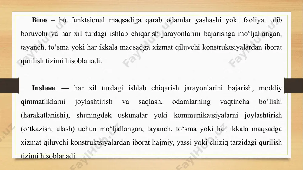 a mo‘ljallangan binolarga bo‘linadi masalan, maktab binosining asosiy vazifasi o‘quvchilarni o‘qitishga mo‘ljallangan, shuning uchun ham bu bino asosan o‘qitish xonalaridan o‘quv sinfi, laboratoriyalar va hokazolardan iborat bo‘lishi kerak. ammo bu binoda yordamchi vazifaga mo‘ljallangan xonalar, ya'ni ovqatlanish xonasi ommaviy tadbirlar uchun mo‘ljallangan xonalar, maktab o‘qituvchilari va boshliqlari xonalari ham mavjud bo‘lishi kerak. binoda asosiy va yordamchi vazifaga mo‘ljallangan xonalarni bir-biri bilan tutashtiruvchi, kishilar harakatini ta'minlaydigan joylar ham bo‘ladi. bu joylar kommunikatsiya xonalari deb ataladi. bularga koridor yo‘lak, zina, dahliz va boshqalar kiradi. binolar umr ko‘rishi, ya'ni uzoqqa chidamliligi bo‘yicha iv darajaga bo‘linadi: i – xizmat davri 100 yildan ortiq; ii – xizmat davri 50 yildan 100 yilgacha; iii – xizmat davri 20 yildan 50 yilgacha; iv – xizmat davri 5 yildan 20 yilgacha mo‘ljallangan binolar. turar-joy binolari - odamlarning doimiy yoki vaqtincha yashashlari uchun mo‘ljallangan. ularga uylar, yotoqxonalar, mehmonxonalar kiradi. jamoat binolari - turli ishlab chiqarish bilan bog‘liq, bo‘lmagan funktsional …