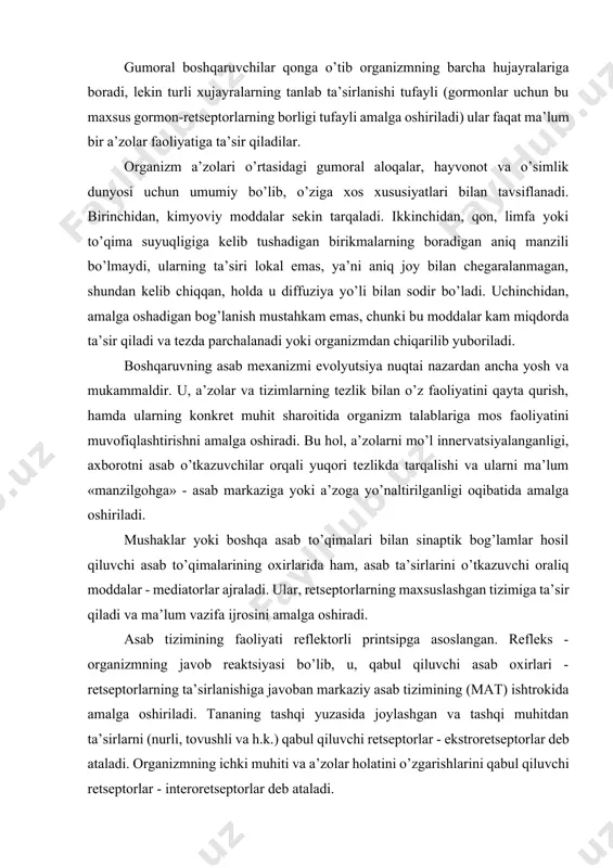 qiluvchi asab to’qimalarining oxirlarida ham, asab ta’sirlarini o’tkazuvchi oraliq moddalar - mediatorlar ajraladi. ular, retseptorlarning maxsuslashgan tizimiga ta’sir qiladi va ma’lum vazifa ijrosini amalga oshiradi. asab tizimining faoliyati reflektorli printsipga asoslangan. refleks - organizmning javob reaktsiyasi bo’lib, u, qabul qiluvchi asab oxirlari - retseptorlarning ta’sirlanishiga javoban markaziy asab tizimining (mat) ishtrokida amalga oshiriladi. tananing tashqi yuzasida joylashgan va tashqi muhitdan ta’sirlarni (nurli, tovushli va h.k.) qabul qiluvchi retseptorlar - ekstroretseptorlar deb ataladi. organizmning ichki muhiti va a’zolar holatini o’zgarishlarini qabul qiluvchi retseptorlar - interoretseptorlar deb ataladi. retseptorlar ma’lum bir ta’sirchilarga nisbatan o’ziga xoslikka (mexanoretseptorlar, xemoretseptorlar, termoretseptorlar, fotoretseptorlar, baroretseptorlar) va ta’sirchilar energiyasini asab impulslariga transformatsiya qilish qobiliyatiga ega. impulslar afferent (sezuvchi, markazga intiluvchi) yo’llar orqali asab tizimiga (reflektor markaziga) keladi, bu erda ular qayta ishlanadi va efferent (harakatlantiruvchi, markazdan qochuvchi) yo’lga o’tadi. efferent asab tolalari sekretorli bo’lishi ham mumkin. ular orqali, asab impulslari ishchi a’zolarga - effektorlarga (mushakka, bezlarga) o’tkaziladi. boshqaruvning …