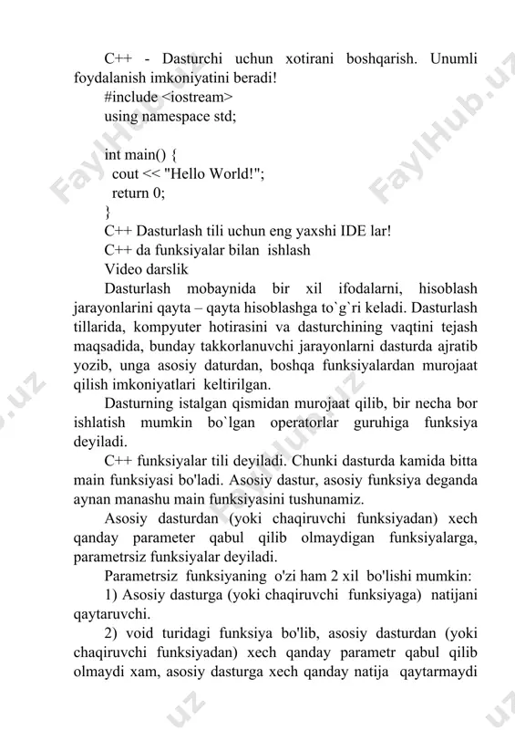 xato qiladi. masalan: int a=10, double b=15,48, string natija=“masalaning javobi:” va boshqalar. qoʼshimcha operatorlar - yuqoridagi operatorlardan tashqari baʼzi bir muayyan vazifani bajarish uchun ishlatiladigan c yoki c ++ da baʼzi boshqa operatorlar mavjud. ulardan baʼzilarini koʼrib chiqamiz: sizeof c / c ++ dasturlash tilida juda koʼp ishlatiladi. uning asosiy vazifasi maʼlumot yoki qiymatni hajmini aniqlash uchun ishlatiladi. bundan tashqari vergul (,) operatori, shartli operator va boshqalar. belgilash va qoʼshimcha operatorlar c++ dasturlash tilida identifikator identifikator – bu dasturchi tomonidan kiritiladigan dastur elementlari (funktsiya, oʼzgaruvchilar, oʼzgarmaslar …) uchun ixtiyoriy nom. identifikator tanlanganda quyidagilarga ahamiyat berish kerak: identifikator lotin harflaridan boshlanishi shart; ikkinchi simvoldan boshlab raqamlardan foydalanish mumkin; c++ da katta kichik harflar farq qiladi. yaʼni quyidagilarning har biri alohida identifikator hisoblanadi: katta, katta, katta, katta, katta, … probel c++ da soʼzlarni ajratish uchun ishlatiladi. shuning uchun identifikatorda probeldan foydalanib boʼlmaydi. xizmatchi (int, float, for, while kabi) soʼzlardan identifikator sifatida foydalanib …
