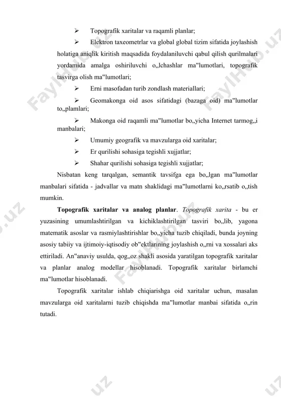 di. masshtab qanchalik kichik qiymatga ega bo„lsa, xaritada tarkibiy qismlar shunchalik darajada kichik o„lchamlarda aks ettiriladi. boshqa tomondan, ma‟lumotlarning aks ettirilishi aniqlik darajasi tegishli masshtablar diapazoni bilan chegaralanadi. xaritaning tegishli berilgan masshtabini tanlab olish - bu birinchi va eng muhim qadamlardan biri hisoblanadi. fizik o„lchamlari nisbatan katta qiymatga ega bo„lgan xaritalar foydalanishni qulaylashtirish maqsadida sahifalarga bo„lib chiqiladi. shuningdek, xaritalarning kamchiliklaridan yana biri - bu xarita sahifasiga joyning cheklanganligi sababli, ob‟ektlarning semantik tavsiflarining xarita sahifasida aks ettirilishida cheklanishlar yuzaga kelishi bilan bog„liq hisoblanadi. analog ma‟lumotlarni raqamli shaklga o„tkazish uchun analog topografik xaritalarni raqamlashtirish («digitizing» - «raqamlashtirish» degan ma‟noni anglatadi). buning uchun zamonaviy gat dasturiy paketlari tarkibida o„rnatilgan qurollar jamlamasi mavjud hisoblanadi. ma‟lumotlarni raqamli shaklga o„tkazish jarayoni quyidagi turlarga ajratiladi: a) digitayzer yordamida raqamli shaklga o„tkazish; b) displey yordamida (inter-faol yoki avtomatik tarzda) raqamli shaklga o„tkazish. topografik xaritalar va raqamli planlar. raqamli topografik xaritalar quidagi usullar yordamida yaratiladi: · analog topografik xaritalarni …