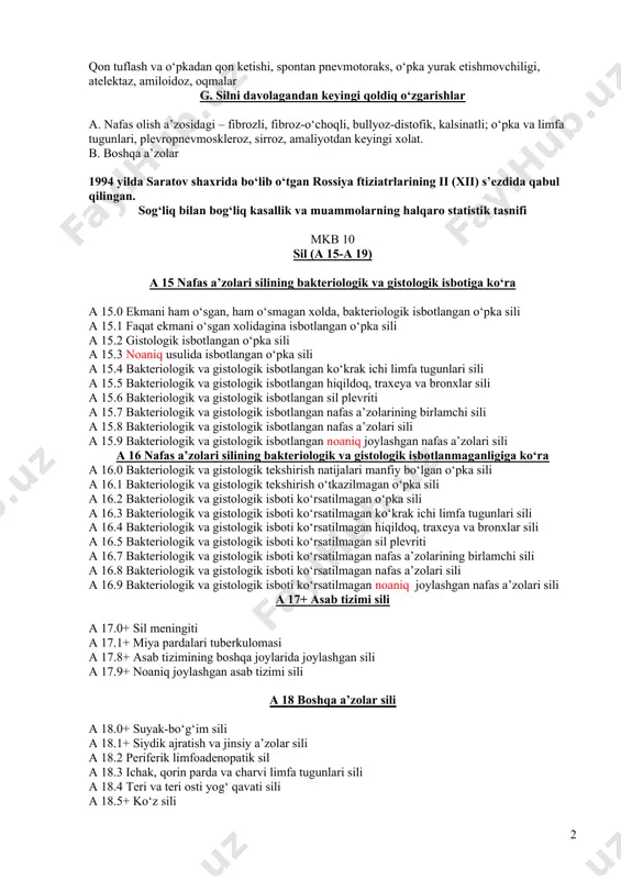 istik tasnifi mkb 10 sil (a 15-a 19) a 15 nafas a’zolari silining bakteriologik va gistologik isbotiga ko‘ra a 15.0 ekmani ham o‘sgan, ham o‘smagan xolda, bakteriologik isbotlangan o‘pka sili a 15.1 faqat ekmani o‘sgan xolidagina isbotlangan o‘pka sili a 15.2 gistologik isbotlangan o‘pka sili a 15.3 noaniq usulida isbotlangan o‘pka sili a 15.4 bakteriologik va gistologik isbotlangan ko‘krak ichi limfa tugunlari sili a 15.5 bakteriologik va gistologik isbotlangan hiqildoq, traxeya va bronxlar sili a 15.6 bakteriologik va gistologik isbotlangan sil plevriti a 15.7 bakteriologik va gistologik isbotlangan nafas a’zolarining birlamchi sili a 15.8 bakteriologik va gistologik isbotlangan nafas a’zolari sili a 15.9 bakteriologik va gistologik isbotlangan noaniq joylashgan nafas a’zolari sili a 16 nafas a’zolari silining bakteriologik va gistologik isbotlanmaganligiga ko‘ra a 16.0 bakteriologik va gistologik tekshirish natijalari manfiy bo‘lgan o‘pka sili a 16.1 bakteriologik va gistologik tekshirish o‘tkazilmagan o‘pka sili a 16.2 bakteriologik va gistologik isboti ko‘rsatilmagan o‘pka …