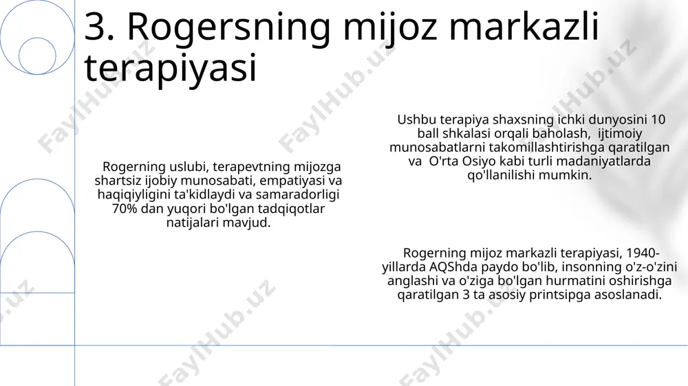 illarda amerika qoʻshma shtatlarida shakllangan va insonning oʻziga xosligini, oʻziga boʻlgan hurmatini va oʻz hayotini maqsadli ravishda boshqarish qobiliyatini ta'kidlaydi. 12. o'z-o'zini anglash tushunchasi abraham maslovning tadqiqotlari shuni ko'rsatadiki, o'z-o'zini amalga oshirgan 1000 dan ortiq shaxslarning 15% dan kamrog'i o'zlarining ijodiy potentsialini to'liq ro'yobga chiqargan deb hisoblaydi. bu katta farqni hisobga olish muhim. o'z-o'zini amalga oshirish jarayoni individualdir, ba'zi odamlar uchun bu 25 yoshda, boshqalari uchun esa 45 yoshda yoki hatto keyinroq amalga oshadi, shuning uchun aniq yosh chegarasi yo'q. bu jarayon kaliforniya shtatining ijtimoiy-madaniy muhitiga bog'liq bo'lishi mumkin. insonning ijodiy potentsiali, maslovning ehtiyojlar ierarxiyasi nazariyasiga ko'ra, 5-bosqich – o'z-o'zini amalga oshirish ehtiyojidan kelib chiqadi va bu jarayon 30 yoshdan keyin ham faol davom etishi mumkin. 13. ijodiy potentsial va o'z-o'zini amalga oshirish shartsiz qabul qilishning samaradorligi 7 ta mamlakatda o'tkazilgan tadqiqotlarda, ijtimoiy qo'llab-quvvatlashning ortishi va 30% ga yaqin ruhiy salomatlik ko'rsatkichlarining yaxshilanishi bilan tasdiqlangan. shartsiz qabul qilish g'oyasi 1950-yillarda, …