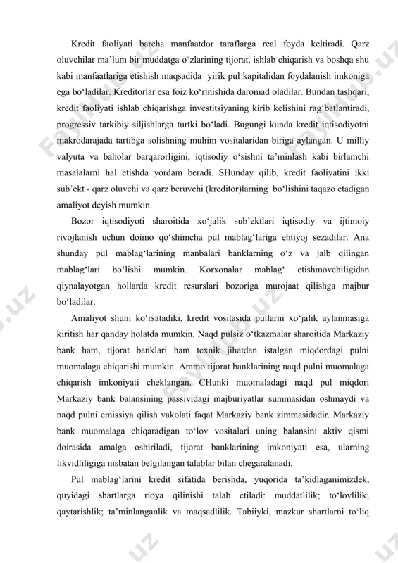 chiqarish imkoniyati cheklangan. chunki muomaladagi naqd pul miqdori markaziy bank balansining passividagi majburiyatlar summasidan oshmaydi va naqd pulni emissiya qilish vakolati faqat markaziy bank zimmasidadir. markaziy bank muomalaga chiqaradigan to‘lov vositalari uning balansini aktiv qismi doirasida amalga oshiriladi, tijorat banklarining imkoniyati esa, ularning likvidliligiga nisbatan belgilangan talablar bilan chegaralanadi. pul mablag‘larini kredit sifatida berishda, yuqorida ta’kidlaganimizdek, quyidagi shartlarga rioya qilinishi talab etiladi: muddatlilik; to‘lovlilik; qaytarishlik; ta’minlanganlik va maqsadlilik. tabiiyki, mazkur shartlarni to‘liq bajarilishi berilgan kredit bo‘yicha riskning oshishiga yo‘l qo‘ymaydi. kreditning maqsadliligi uning mijoz faoliyatining bankka ma’lum bo‘lgan va bank tomonidan ma’qullangan yo‘nalishga berilishini anglatadi. tijorat banklarining kreditlash amaliyotini tashkil qilish, uning samaradorligini ta’minlash xususidagi masalalar to‘g‘risida to‘xtalib, d.maknoton rivojlanayotgan mamlakatlarda kreditlash amaliyotini tashkil qilishning zaruriy shartlaridan biri kreditlarni garov ta’minoti asosida berishni odatiy hol sifatida qabul qilishdir, degan xulosaga keldi. uning fikriga ko‘ra, garov sifatida olinadigan mulkning sotilish bahosi kredit va uning foizini qaytarishga etishi lozim. bu esa, mulkni …