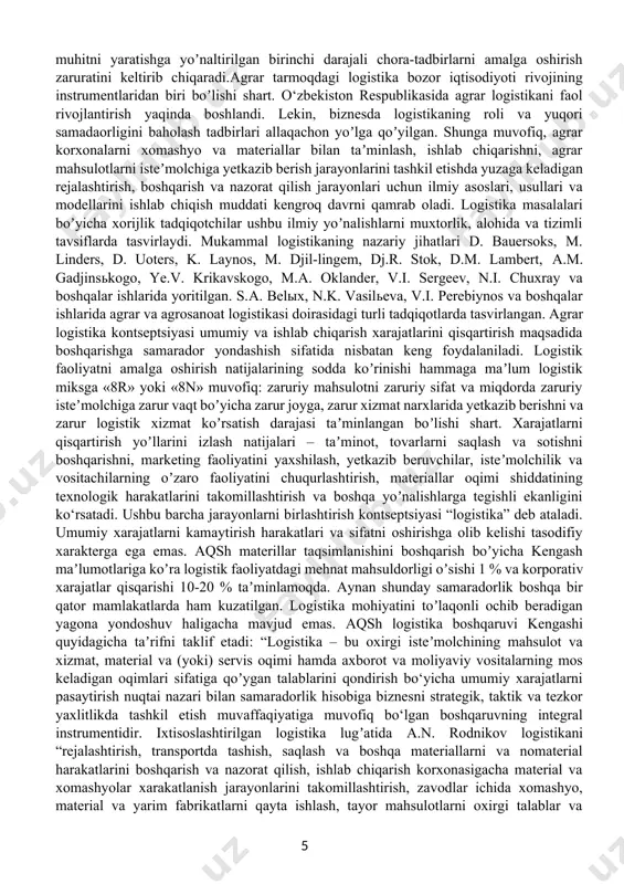 ishini ko‘zda tutadi. maʼlumki, agrar tarmoq – ishlab chiqarish (qishloq xo‘jaligi), qayta ishlash (oziq-ovqat sanoati), isteʼmol (savdo) yo‘nalishlarini qamrab oladi. u turli ichki aloqa turlari, yaʼni ishlab chiqarish, texnologiya, iqtisodiyot, axborot, moliya, mehnat va boshqalar bilan mustahkam bog‘langan. xususan, ushbu aloqa turlarida maʼlumot almashish va yetkazib berish shiddatining kuchliligini taʼminlash va sotish boʼyicha aloqani qamrab olgan agrologistika xoh yaxlit holda аsmga, xoh uning alohida tarmogʼiga tegshli boʼlishidan qatʼi nazar аsmning barcha tashqi va ichki aloqa turlarini optimallashtirish va tadqiq etish vazifasiga ega va logistikani oʼrganish predmetidir. o‘zbekiston respublikasi аsmda bozorni qayta tashkil etish sharoitida agrobiznesdagi vertikal birlashgan korparativ tuzilishlar, yaʼni fermer xo‘jaliklarini agroxoldinglarga birlashtirish muhim rol oʼynaydi. logistikaning biznes faoliyatida ishlab chiqarish, qayta ishlash va meva-sabzavot mahsulotlarini distrubitorligi, jumladan eksport boʼyicha logistik zanjirni tuzish tajribasi fovqulotda muhim rol o‘ynaydi. demak, o‘zbekiston respublikasida agrologistika sohasidagi korxonalar faoliyatida nafaqat foyda va iqtsiodiy samadorlik boʼyicha sof biznes faoliyatni bajaradi, balki o‘zbekiston respublikasida barcha …
