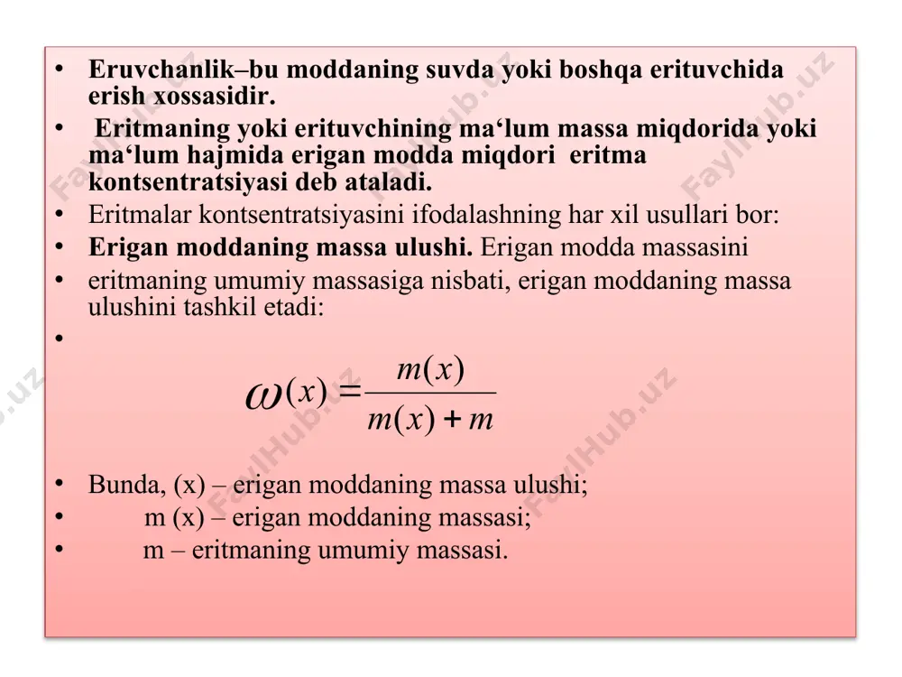 ri deyiladi. yuqoridagi qoidaga ko‘ra, xlorid kislota (hcl) eritmasining titri 0,00365 g/ml teng deylik. bu eritmaning 1 ml da 0,00365 g. hcl erigan degan ma’noni anglatadi. umuman, eritmaning titri bilan molyar va normal kontsentratsiyalari o‘rtasida quyidagicha bog‘lanish bor: bu tenglamadan analitik kimyoda eritmalarni titrlash uchun foydalaniladi. eritmaning 1 millilitrida erigan moddaning massa miqdori titr deb ataladi. eritmaning titri quyidagicha aniqlanadi: t – eritmaning titri, m – erigan modda massasi, v – eritmaning hajmi eritmaning titri bilan normalligi orasidagi bog’lanish quyidagicha: e – erigan moddaning ekvivalent massasi, n – eritmaning normal kontsentratsiyasi. moddaning u yoki bu erituvchida erish xususi­yati eruvchanlik deyiladi. mazkur sharoitda moddaning eruvchanlik o’lchovi uning to‘yingan eritmasi konsentrasiyasi bilan belgilanadi. ko’pincha, eruvchanlikni 100 erituvchi massa birligini mazkur sharo­itda toyintiruvchi suvsiz moddaning massa birligi soni bilan bel­gilanadi va bu yo’l bilan ifodalangan eruvchanlikni eruvchanlik ko­effitsienti deyiladi. eritma gomogen sistemadan iborat bo’lib, erigan modda va erituvchi zarrachalari tartibsiz harakatda bo’ladi va …