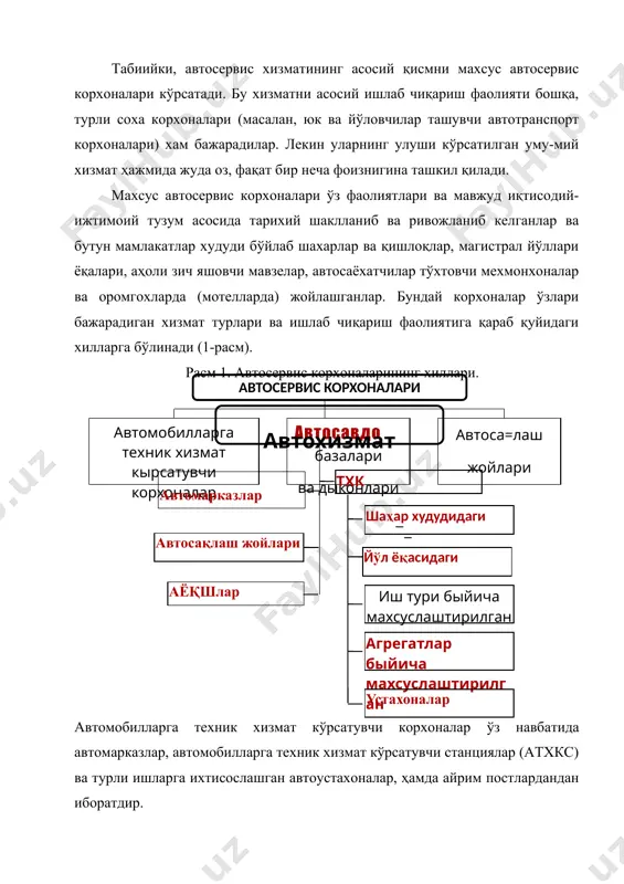 илоят туманлари, шахарлари ва қишлоқларида бир неча филиаллари бўлиб, марказ уларга ҳар жиҳатдан хомийлик қилади, айниқса, кадрлар малакасини ошириш, ишлаб чиқаришда янги, илғор технологияни жорий қилиш ва ҳ.к. кабилар. демак автомарказлар автомобиллар ишлаб чиқарувчи компаниялар билан бирга автомобиллар сервиси сохасида илмий-техника тараққиётини етакловчиси ва таъминловчи, бу сохада техник сиёсат яратувчи ва олиб борувчилардир. автомарказ мамлакатимизда, вилоят марказлари ва йирик шахарларида хх асрнинг 70-80чи йилларида қурилиб ишга туширилган, биргина тошкентда бундай марказларнинг 4таси ишлаб турибди. автомарказларнинг кўп қисми(12таси) 1996-98 йилларда тўла такомиллаштирилиб қайта жиҳозланди. автомарказларда автомобиллар (янгилари ва ишлатилганлари), эҳтиёт қисмлар, автоматериаллар билан савдо қилувчи автосалонлар, базалар, омборлар, дўконлар билан бир қаторда турли техник хизмат кўрсатиш ва таъмирлаш ишларини бажарувчи кучли ишлаб-чиқариш базаси хам мавжуд бўлади. автомарказларнинг таркибий қисми бўлган савдо базалари, дўконлари, омборлари ва ишлаб чиқариш участкалари худудий бир жойга жойлашган ёки шахар, вилоят бўйлаб мижозлар учун қулай бўлган ерларга жойлашиши мумкин. адабиётлар 1. .крамеринко г.в, барашков и.в. автомобилларга техникавий …