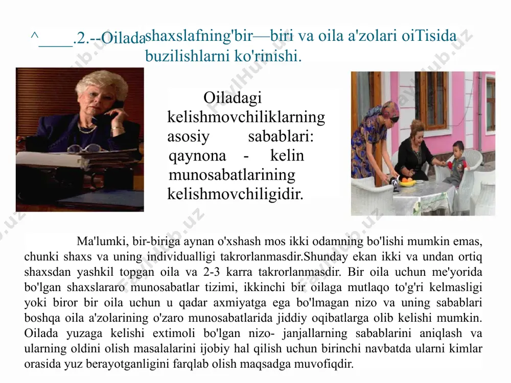 rining vafot etganligi tufayli yoki ularning ajralishi tufayli noto'liq bo'lib qolishi mumkin. albatta, oilada ota yoki onaning vafot etishi bu ulkan fojea. avvalo, bu fojea hech kimning boshiga tushmasin, lekin bunday oilalarda marhumning ruhi hurmati, unga nisbatan, uning sha'niga ijobiy munosabatlar saqlanib qoladi. biroq er - xotinning ajralishi sababi yuzaga kelgan noto'liq oilalarda “tirik yetim” bolalar qoladi. birinchidan “tirik yetimlik” jamoatchilik orasida ayniqsa, bolalar jamoalarida nisbatan kuchliroq qoralanadi. ikkinchidan bunday oilalar ota yoki ona tomonidan ularning yaqinlari tomonidan sobiq turmush o'rtog'i sha'niga, uning shaxsiyatiga salbiy bo'yoqlar beruvchi munosabatlar shakillanadi. sobiq er-xotinlar tomonidan bir-birlarini qoralovchi fikr-muloxazalarko'proq bildiriladi. bunda albatta, bu toifa noto'liq oilalardagi o'zaro munosabatlarning shakillanishida qator noxushliklarni yuzaga kelishiga asos bo'ladi. • ajralish faqatgina ajralgan er-xotinlarga emas, balki ajrashish oqibatida otasiz yashayotgan farzandlarga ham salbiy ta'sir ko'rsatar ekan. ayniqsa ajralish otasiz o'sayotgan qiz bolaning his tuyg'ulariga, otasiga bo'lgan mexriga, qiz bolada shakillanayotgan ota o'braziga va otasiz o'sayotgan ruxiyatiga kuchli salbiy …