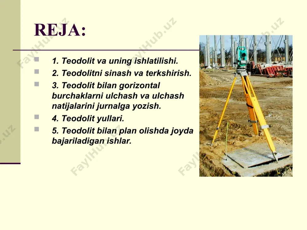 di. gorizontal doiraning limb va alidadasi xam maxkamlagich va iunaltirgich vintlarga ega. limb terkisligini gorizontal, asbob aylanish ukini esa vyertikal xolatga kerltirish uchun bitta, ba'zi teodolitlarda bir-biriga pyerperndikulyar kilib ikkita adilak urnatilgan bo’ladi. vyertikal burchaklarni ulchaganda, vyertikal doyra alidadasining nol diomertrini gorizontal xolatga kerltirish uchun uning ustiga xam adilak urnatilgan. teodolitlarda limb va vyernyer bo’laklarini kattalashtirib kursatish uchun lupalar ishlatiladi.teodolitning limb va alidada doiralariga chizilagan shtrixlar siykalanib kertmasligi uchun ular maxsus mertall gilof bilan berkitilgan. sobik sovert geroderzik asbobsozligi xilma-xil teodolitlar ishlab chikargan: m: tt-30 teodolito` sobik sovert xokimiyatining dastlabki yillarida chikarilgan.tt-2 teodolitno`y svyerdlovsk geroderzik asbobsozlik zavodi 1940-49 i. ishlab chikargan. 1950 yildan boshlab tt-2 teodolit urniga bir muncha takomillashtirilgantt-50 teodolitlari ishlab chikarildi. tm-1 teodoliti 1955 yildan boshlab ishlab chikarilmokda, bu teodolit uzining erngilligi bilan dikkatga sazavordir, uning ogirligi 2,2 kg, asosan eksperditsiyalarda ishlatiladi. 1959 yildan boshlab tt-50 teodolitining urniga tt-5 teodolitlari ishlab chikarilmokda. keryingi paytlarda tt-4 optik teodolitlari ishlab …
