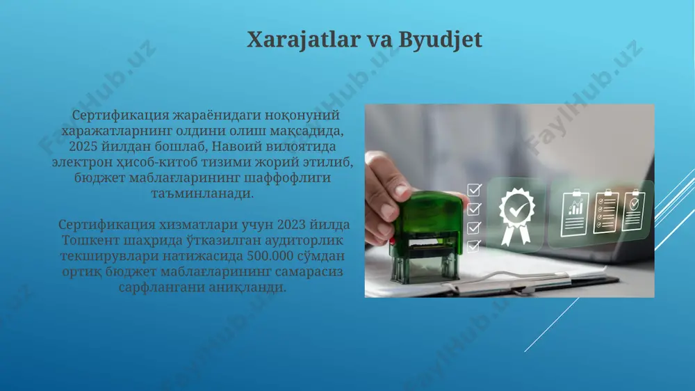 ва 50 тадан ортиқ норматив-ҳуқуқий ҳужжатлари билан тартибга солинади, бунда тошкент шаҳридаги аккредитация марказлари муҳим роль ўйнайди. ўзбекистон республикасининг “давлат хизматлари тўғрисида”ги қонуни (2014 йил, 2-сон) 20 дан ортиқ давлат хизматлари турларини сертификатлаштиришнинг ҳуқуқий асосларини белгилаб берган. xodimlarni tayyorlash сертификация хизматлари бўйича тошкент шаҳридаги 5 та ўқув марказида 2023 йилда 1000 дан ортиқ ходим малака оширишдан ўтган. 2024 йил учун режаланган 15 та янги сертификация дастури навоий вилоятидаги мутахассислар учун 5 та йўналишдаги малака оширишни ўз ичига олади. mijozlarning munosabatlari mijozlar munosabatlari bo'yicha sertifikatlashtirish jarayoni 5 bosqichdan iborat bo'lib, har bir bosqichda kamida 3 ta mezon, shu jumladan toshkent shahridagi standartlarga muvofiqlikni tekshirish ko'zda tutiladi. samarqand viloyatida joylashgan kompaniyalarning 45% mijozlar bilan munosabatlarini yaxshilash maqsadida xalqaro standartlarga muvofiq xizmatlarni sertifikatlashtirish dasturlaridan foydalanmoqdalar. sertifikatlashtirishning afzalliklari jahon banki ma'lumotlariga ko'ra, sertifikatlangan xizmatlar 30% ga yuqoriroq narxda sotiladi, bu esa kompaniyaning rentabelligini 15% ga oshirishi mumkin. masalan, o'zbekistonning qishloq xo'jalik sohasida. evropa ittifoqi …