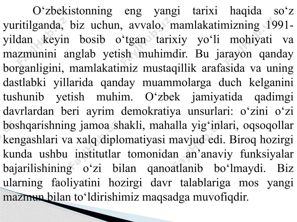 ga olish, uni alohida taraqqiyot bosqichi sifatida e’tirof etish о’zining ilmiy, konseptual asoslariga ega ekanligi; ikkinchi davr – 1991-2016-yillarni о’z ichiga oladi. bu davrda davlatchilik asoslarini shakllantirish, iqtisodiy negizlarning tubdan о’zgarishi, jamiyatimiz ma’naviy negizlarining tiklanishi va yangilanishi, jamiyat mafkurasi va milliy istiqlol g’oyasining shakllanishi bilan bog’liq voqeliklarning yangi konseptual asoslarda ilmiy yoritilishi; uchinchi davr – 2016-yildan keyingi davr. bu davr taraqqiyotimizning modernizatsiya bosqichi faol demokratik yangilanishlar, iqtisodiyotni barqaror rivojlantirish, siyosiy hayotimizni, qonunchilik, sud-huquq tizimi, ijtimoiy-gumanitar sohalar izchil isloh qilinishi bilan bog’liq voqeliklarni manbalar asosida tarixiy nuqtai nazardan ilmiy tadqiq etish bilan bog’liq. эътиборингиз учун раҳмат! image2.jpeg image3.jpeg image1.jpeg /docprops/thumbnail.jpeg