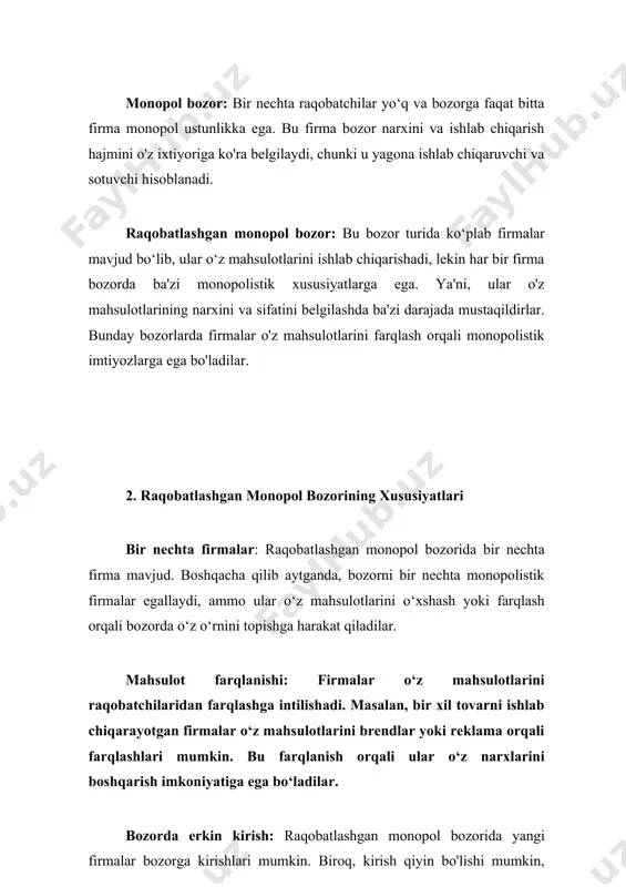 lari raqobatlashgan monopol bozorida ijtimoiy samaradorlikni ta'minlash uchun ba'zan davlat aralashuvi talab qilinadi. bunda monopolistlar bozorni manipulyatsiya qilish imkoniyatiga ega bo'lsa-da, davlat aralashuvi narxlarni va ishlab chiqarishni optimallashtirishga yordam beradi. bunday bozorlarning ijtimoiy samaradorligi ko‘pincha monopolistlarning narxlarni oshirish va ishlab chiqarishni kamaytirish orqali foyda olishga intilishlari bilan cheklanadi. 1.1. monopol bozorining umumiy tavsifi monopol bozor — bu bozorda faqat bitta firma mavjud bo‘lib, u barcha mahsulotlarni ishlab chiqaradi va sotadi. boshqa raqobatchilar bozoriga kirish imkoniga ega emas. monopolist firma o‘z mahsulotining yagona ishlab chiqaruvchisi bo‘lgani uchun, narx va ishlab chiqarish hajmini bozor talabiga qarab belgilaydi. monopol bozorning xususiyatlari va iqtisodiy ta'siri boshqa bozor strukturalaridan (masalan, to‘liq raqobatli bozor yoki raqobatlashgan monopol bozoridan) sezilarli farq qiladi. 1. monopol bozorining xususiyatlari bitta firma: monopol bozorida faqat bitta firma mahsulot ishlab chiqaradi va sotadi. bu firma bozorda o‘z monopol pozitsiyasiga ega va barcha taklifni nazorat qiladi. yagona mahsulot: monopol bozorida ishlab chiqarilayotgan mahsulot …