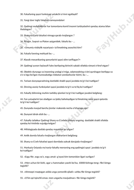 7. klassik mexanikaning qonunlarini qaysi olim tariflagan?+ 39. qadimgi yunon faylasufi fales borliqning birinchi sababi sifatida nimani e'tirof etgan? 40. obektiv dunyoga va insonning undagi o'rniga, odamzodning o'zini qurshagan borliqqa va o'z-o'ziga bo'lgan munosabatiga nisbatan yondashuvlar tizimi, bu -... 41. tarixan dunyoqarashning dastlabki shakli qaysi javobda to'g'ri ko'rsatilgan? 42. dinning asosiy funksiyalari qaysi javobda to'g'ri va to'liq ko'rsatilgan? 43. falsafiy bilimning muhim tarkibiy qismlari to'g'ri ko'rsatilgan javobni belgilang: 44. fan yutuqlarini tan oladigan va ijobiy baholaydigan ta'limotning nomi qaysi qatorda to'g'ri ko'rsatilgan? 45. dunyoda mavjud barcha jismlar makonda necha o'lchamga ega? 46. dunyoni idrok etish bu -... 47. falsafiy tafakkur qadimgi sharq va g'arbda ijtimoiy ongning dastlabki shakli sifatida qanday ko'rinishda vujudga kelgan? 48. mifologiyada dastlab qanday masalalar qo'yilgan? 49. antik davrda falsafa rivojlangan shaharlarni belgilang: 50. sharq va g'arb falsafasi qaysi davrdada yuksak darajada rivojlangan? 51. markaziy osiyoda ma'naviy-falsafiy merosning eng qadimgisi qaysi javobda to'g'ri ko'rsatilgan? 52. «ezgu fikr, …