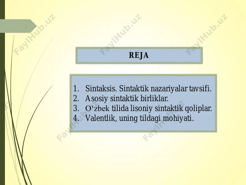 qali qanday ifodalanishini o‘rganadi. boshqacha aytganda, mazmuniy sintaksis qurilmalarning propozitsiya tomoniga e’tibor qaratadi. pragmatika pragmatika sintaktik birliklarni nutq vaziyati va kontekst bilan bog‘liqlikda o‘rganadi. shuning uchun ham sintaktik qurilma ifodalagan propozitsiyaning so‘zlashuvchilarga tushunarli bo‘lishi uchun nutq vaziyati yoki kontekst zarur bo‘lgan joyida pragmatikaga ehtiyoj ortadi. asosiy sintaktik birliklar ◼so‘z birikmasi ◼gap matn nutqiy sintaktik birliklar sifatida nutqda qo‘llaniladigan, sezgi a‘zolariga ta‘sir qiladigan o‘qish, yozish, aytish, eshitish mumkin bo‘lgan so‘z birikmalari va gaplar tushuniladi. lisoniy sintaktik birliklar esa so‘z birikmasi va gap hosil qilish qoliplaridir. biz ularni lisoniy sathga tegishli bo‘lganligi lisoniy sintaktik qolip (qisqacha lsq) lar deb ataymiz. lsqlar ham g‘isht qoliplariga o‘xshaydi. inson ongida ham so‘zlash, nutqni shakllantirish maqsadida leksemalarni so‘z birikmalari shakliga keltirish, gap hosil qilish qoliplari mavjud. ular lsqlar, modellar, konstruksiyalar, qurilmalar tarzida nomlansa-da, aslida, bir tushunchani ifodalaydi. masalan, kitobni o‘qimoq kabi cheksiz birikmalarni chiqaradigan [ot + fe‘l] so‘z birikmasi qolipi, qanday nomlanmasin, bu uning mohiyatiga ta‘sir …