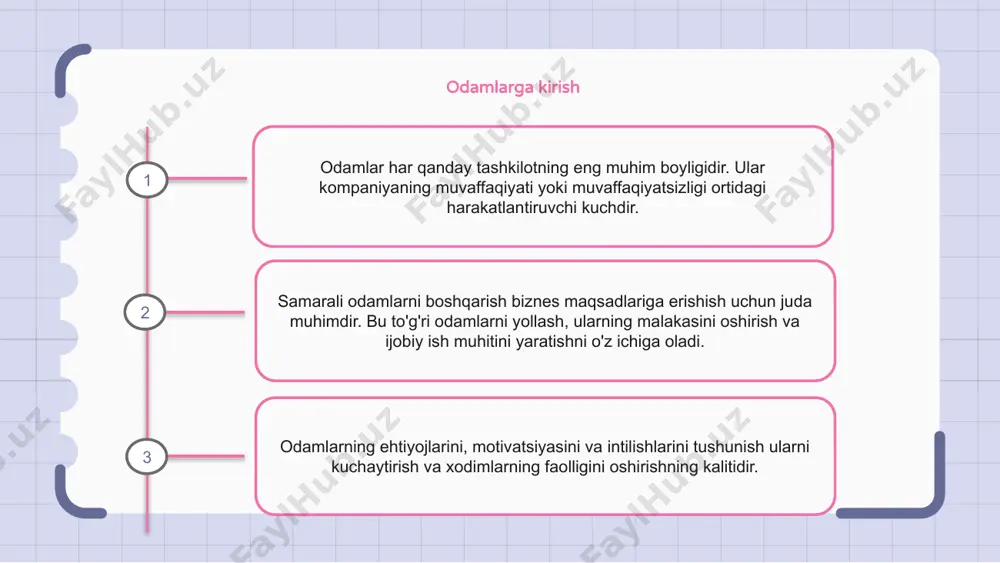 ilish strategiyalarini o'rganishimiz mumkin. ish joyidagi odamlarning roli odamlar ish joyida hal qiluvchi rol o'ynaydi. ular vazifalarni bajarish va tashkilot muvaffaqiyatiga hissa qo'shadigan maqsadlarga erishish uchun javobgardir. ish mas'uliyatidan tashqari, odamlar ish joyining umumiy madaniyati va atmosferasiga ham hissa qo'shadilar. ularning munosabatlari, xatti-harakatlari va boshqalar bilan o'zaro munosabatlari ish muhitiga katta ta'sir ko'rsatishi mumkin. bundan tashqari, odamlar o'zlarining ko'nikmalari, bilimlari va tajribalari nuqtai nazaridan qimmatli boyliklardir. ular stolga noyob istiqbollar va g'oyalarni olib keladi, bu esa innovatsiyalar va muammolarni hal qilishga olib kelishi mumkin. har xil turdagi odamlarni o'rganish dunyoda har xil turdagi odamlar bor, ularning har biri o'ziga xos xususiyat va fazilatlarga ega. ba'zi odamlar ekstrovert va ochiqko'ngil, ijtimoiy vaziyatlarda gullab-yashnamoqda va boshqalar bilan muloqot qilishdan zavqlanishadi. boshqa tomondan, ba'zi odamlar introvert va yolg'izlikni afzal ko'radilar, o'z fikrlari va mulohazalarida tasalli va tasalli topadilar. 1 2 3 atrof-muhitga odamlarning ta'siri odamlarning atrof-muhitga ta'siri sezilarli va keng qamrovli. biz tabiiy …
