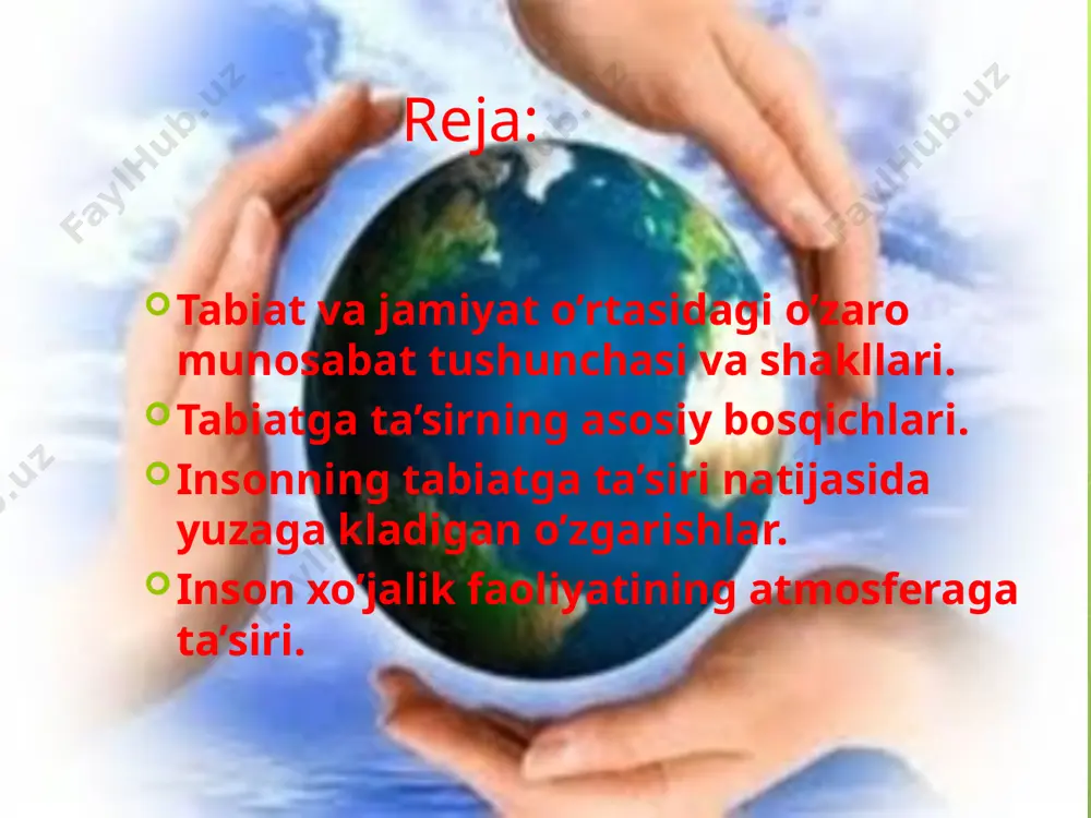 . qishloq xo‘jaligida katta maydonlarning o‘zlashtirilishi, ayniqsa, obikor yerlarning kengayishi, ko‘plab mineral o‘g‘it, turli xil defolant, gerbitsid, pestitsidlarning ishlatilishi, yirik korxonalarning qurilishi landshaft komponentlari o‘rtasidagi muvozanatning muayyan darajada buzilishiga olib keldi. oqibatda, tabiiy jarayonlarda ham o‘zgarishlar ro‘y berdi. orol dengizi tobora qurib bormoqda. orolbo‘yida ekologik vaziyat juda yomonlashdi. www.arxiv.uz bularni o‘rganish, salbiy o‘zgarishlarning oldini olish hozirda eng dolzarb vazifalardan biridir. hali dunyoda ham, respublikamizda ham tabiatni muhofaza qilish va tabiat boyliklaridan oqilona foydalanishda hal etilmagan masala ko‘p. bu masalalarni hal qilish xalq ommasining tabiat muhofazasi, tabiatdan to‘g‘ri foydalanish, tabiatning umumiy geografik qonuniyatlari haqidagi bilimi darajasiga ko‘p jihatdan bog‘liq. www.arxiv.uz aholining geoekologik tarbiyasi qanchalik yuqori, tabiatdan oqilona foydalanish to‘g‘risidagi bilim darajasi qanchalik baland bo‘lsa, tabiatdan foydalanish madaniyati ham shuncha yuqori bo‘ladi. www.arxiv.uz insonning tabiatga ta’siri natijasida yuzaga kladigan o’zgarishlar. inson ishlab chiqarishni rivojlantirib borgan sari tabiatga katta zarar еtkazildi. sanoatning tеz rivojlanishi bir qancha tabiat boyliklarini ishlab chiqarishga jalb qilishga olib …