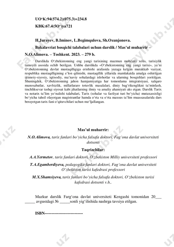 on respublikasi konstitutsiyasi va boshqa normativ-huquqiy hujjatlar, umume’tirof etilgan xalqaro huquqiy normalarda ushbu masalaning aks etishi, 5 hamda vatan ravnaqi yoʻlida koʻp millatli jamiyat hamjihat ravishda yuksalishi jarayonlari yoritilgan. shu o‘rinda, o‘zbekiston respublikasining mustaqillik yillarida bosib o‘tgan yo‘lining mazmun-mohiyati va xususiyatlarini obyektiv baholagan holda mustaqillik davrini quyidagi ikki bosqishga bo‘lib o‘rganish maqsadga muvofiqdir. jumladan, birinchi bosqich – 1991–2016-yillar bo‘lib, bu davrda milliy davlatchilik asoslari va ijtimoiy yo‘naltirilgan bozor iqtisodiyotini yuzaga keltirishga qaratilgan o‘tish davrining dastlabki islohotlar jarayoniga ilk qadamlar qo‘yildi. demokratik an’analar asosida yangi davlat boshqaruv tizimi – qonun chiqaruvchi, ijro etuvchi va sud hokimiyati tashkil etildi hamda fuqarolik jamiyati asoslari yaratildi, erkin bozor iqtisodiyotiga o‘tila boshlandi. o‘zbekistonda 2000- yildan faol demokratik yangilanish va modernizatsiyalash jarayonlari kuzatildi. ushbu davrning asosiy vazifasi qilib kuchli davlatdan – kuchli fuqarolik jamiyatiga bosqichma-bosqich o‘tish vazifasi qo‘yildi. natijada, o‘zbekistonning siyosiy va iqtisodiy hayotida demokratlashtirish va liberallashtirish jarayonlari chuqurlashdi, inson haq-huquqlari va erkinliklarini himoya qiluvchi mustaqil …