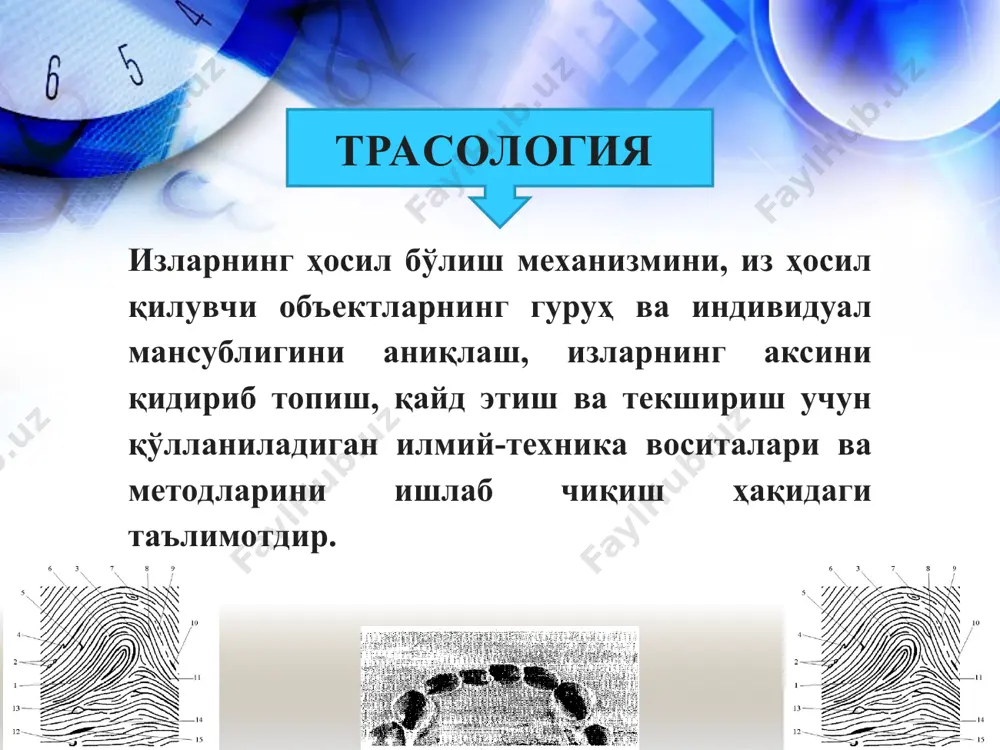 диса жойида мавжуд бўлган излардан олинган гипслик нусха; фотосуратлар; жиноят иши материаллари; текширилаётган транспорт воситасининг ғилдирагидан қоғоз ёки газмолга олинган нусхалар; ҳодиса жойидан топилган транспорт воситасидан олинган қисмлар. транспорт воситаларидан қолдирилган излар бўйича ўтказиладиган экспертизада йўл транспорт ҳодисасида иштирок этган транспорт идентификация қилинади. уни содир этиш ҳолатини ва суд трасологияси, суд автотехникаси бўйича махсус билимга асосланиб ҳодиса механизмини аниқлаш ҳисобланади тишлардан қоладиган излар бўйича ўтказиладиган экспертизада ҳодиса жойидан топилган турли объектларда (жабрланувчининг танасида, озиқ-овқатларда, сигарета қолдиқларида) қолдирилган излари орқали шахс идентификация қилинади бўлаклардан бир бутунликни аниқлаш бўйича ўтказиладиган экспертизада ҳодиса жойидан топилган объект бўлакчалари аниқланади. ҳодиса жойидан топилган бир тусдаги предметга оид барча бўлакчалар экспертиза объектлари бўлиб ҳисобланади. масалан, йиртиб ташланган қўлёзма бўлакчалари, бўлаклаб ташланган одам танаси. бу бўлакчалар бир-бири билан таққослаб текширилиб бир объектга тегишли эканлиги аниқланади. суд трасологик экспертизаси ҳал этадиган масалаларни уч гуруҳга бўлиб ўрганиш мумкин. суд трасологик экспертизасини ўтказиш учун барча материаллар тўплангандан кейин терговчи жпкнинг …