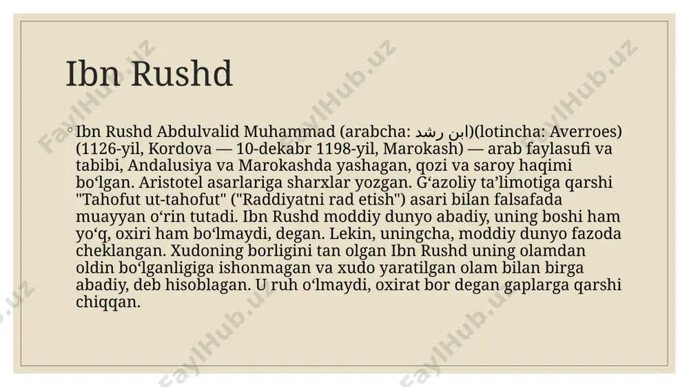 qo'rquvi ruhiy obrazlardan ko'ra ko'proq jismoniy obrazlar bilan qo'zg'aladi. muhokama aflotunning "davlat"iga sharhlarida ibn rushd bu uydirmalardan maqsad odamlarda yolg'ondakam yaxshi fazilatlarni tarbiyalashdir, deb yozadi; chunki agar inson u dunyodagi ajrlar haqidagi diniy tasavvurlarga berilsa, bu dunyodagi rohatlardan o'zini tiysa, u holda, u buni narigi dunyoda bu dunyoda yo'qotgan barcha narsalarni yuz barobar qilib qaytarib olish niyatida qiladi (jannat quvonchlari "mushohadaga asoslangan yaxshi xislatlar" egasini maftun qila olishi gumon), axir bu quvonchlar oliy xususiyatga ega bo'lgan lazzatlarning: noz-ne'matlar, ichimliklar, hurlarning eng oliy toifasi emasdir kordovalik mutafakkir, albatta abadiyat va boqiy dunyodagi hayot haqidagi fikrlar insonlarning abadiylikka tomon tabiiy intilishlari, inson mavjudligining yakuni oldidagi qo'rquvi natijasida yuzaga kelganligini fahmlab turgan. shunday qilib, ezgulik va yovuzlik dunyoda hoh tabiiy, hoh ijtimoiy tabiatga ega bo'lsin o'z-o'zidan mavjud bo'ladi. tabiiy ne'matlarga kelsaq "keng omma" uchun ibn rushd uni xudo manbasi deb ataydi, bunda u "materiyaning zarurati"dan kelib chiqadigan yovuzlik bilan birga kechadi, degan yanglish …